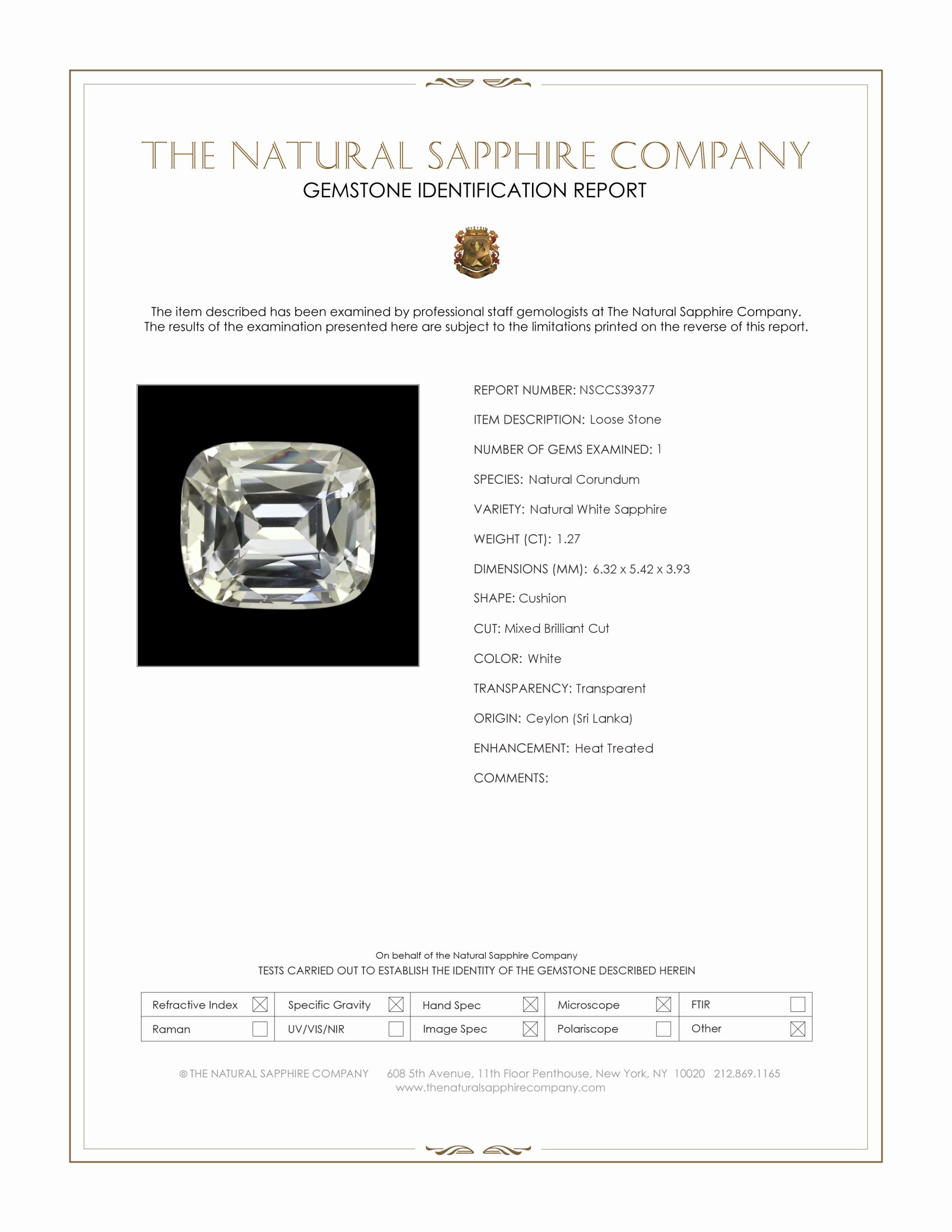 1.27 Ct. White Sapphire from Ceylon (Sri Lanka)