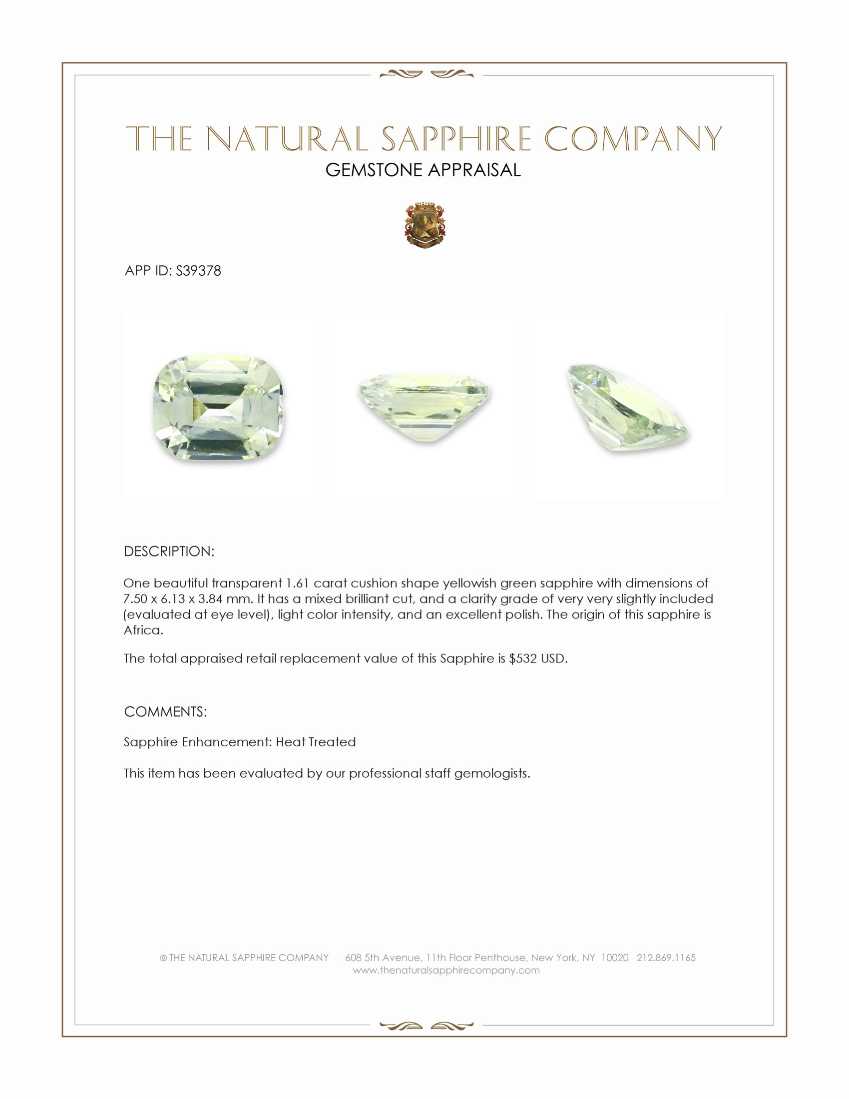 1.61 Ct. Yellowish Green Sapphire from Africa