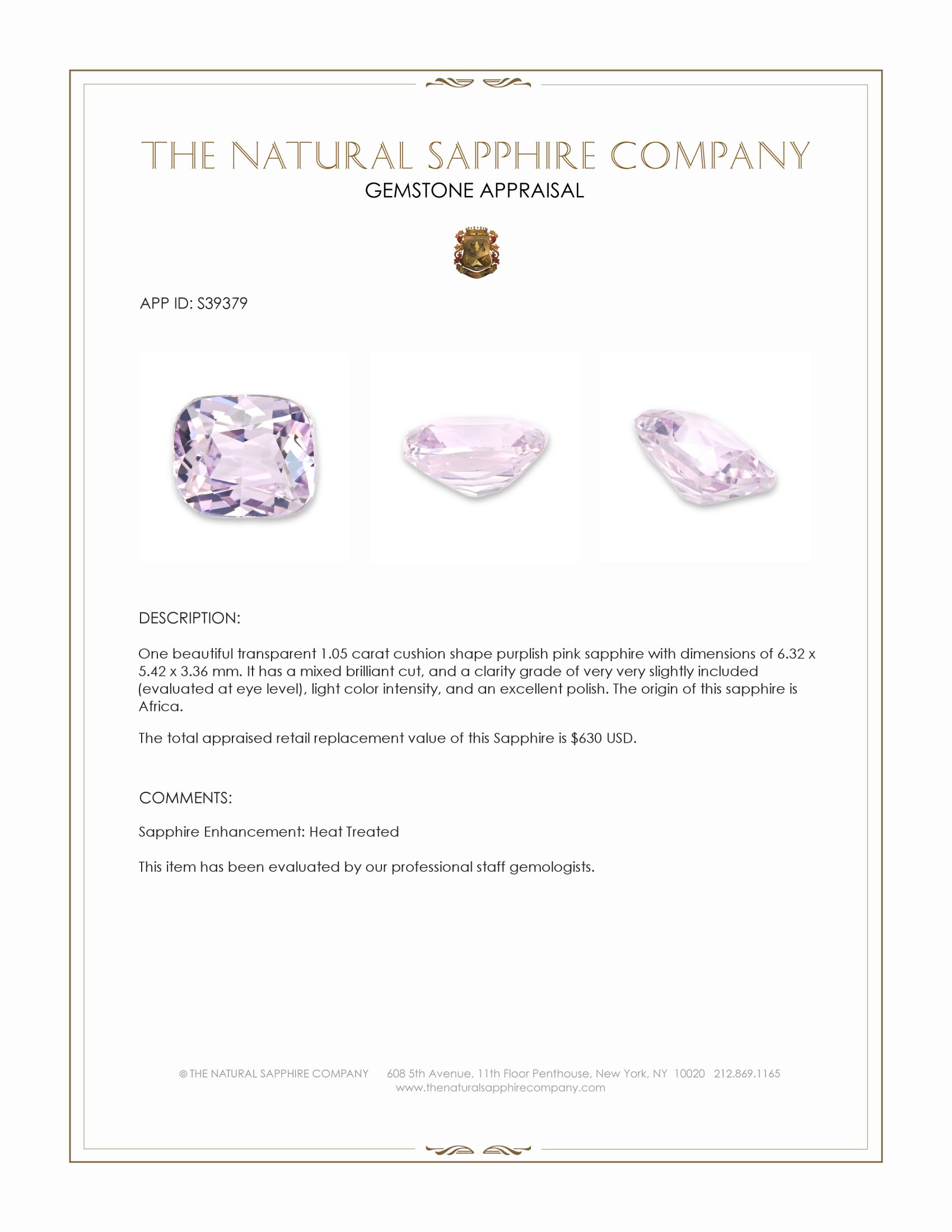 1.05 Ct. Purplish Pink Sapphire from Africa