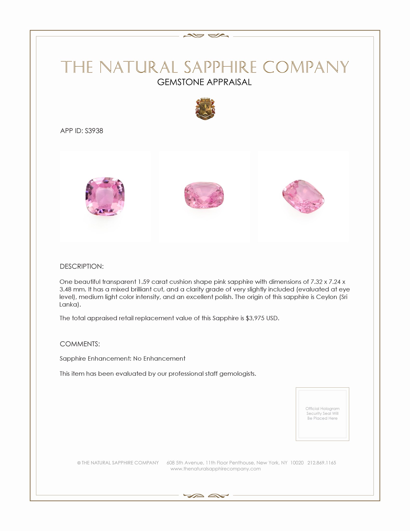 1.59 Ct. Pink Sapphire from Ceylon (Sri Lanka)