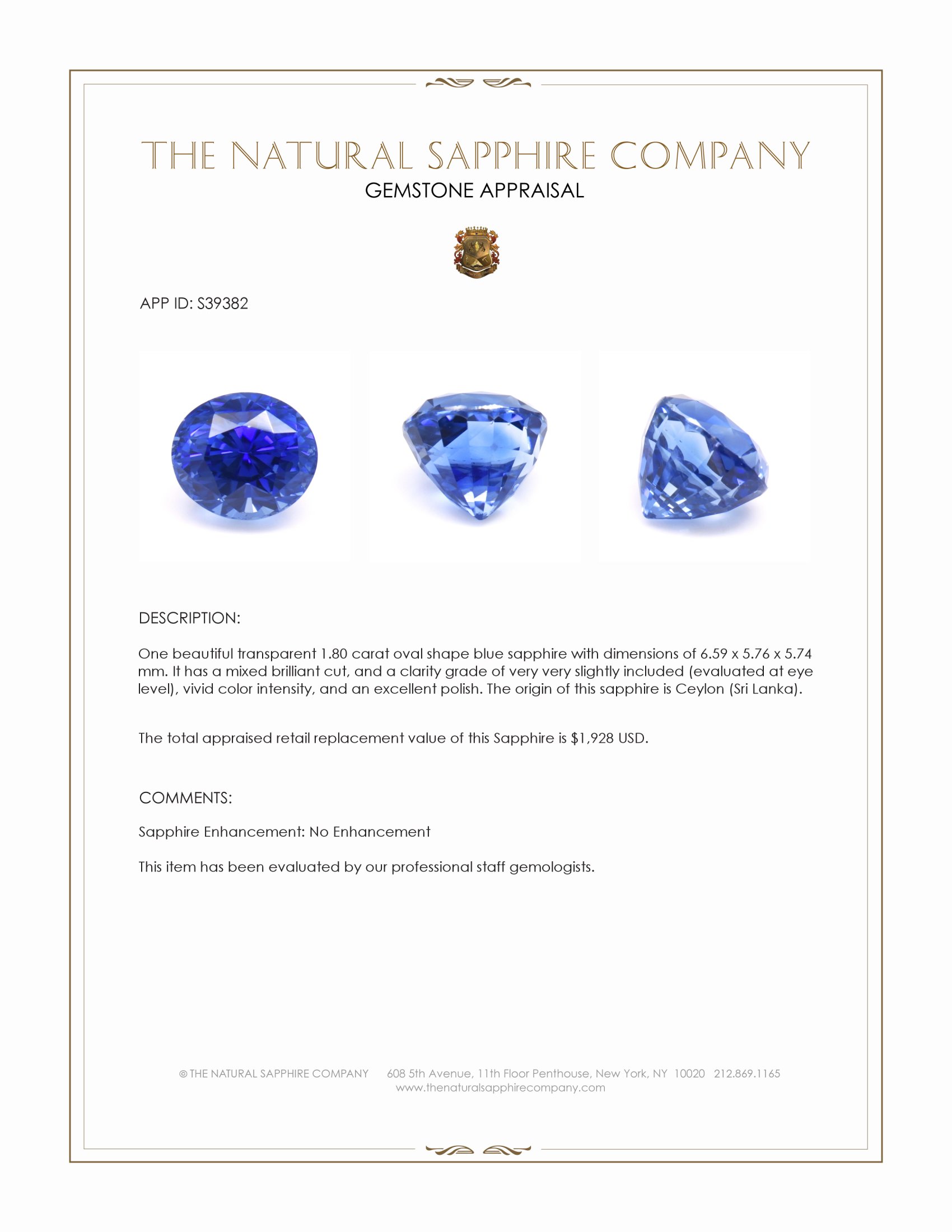 1.80 Ct. Blue Sapphire from Ceylon (Sri Lanka)