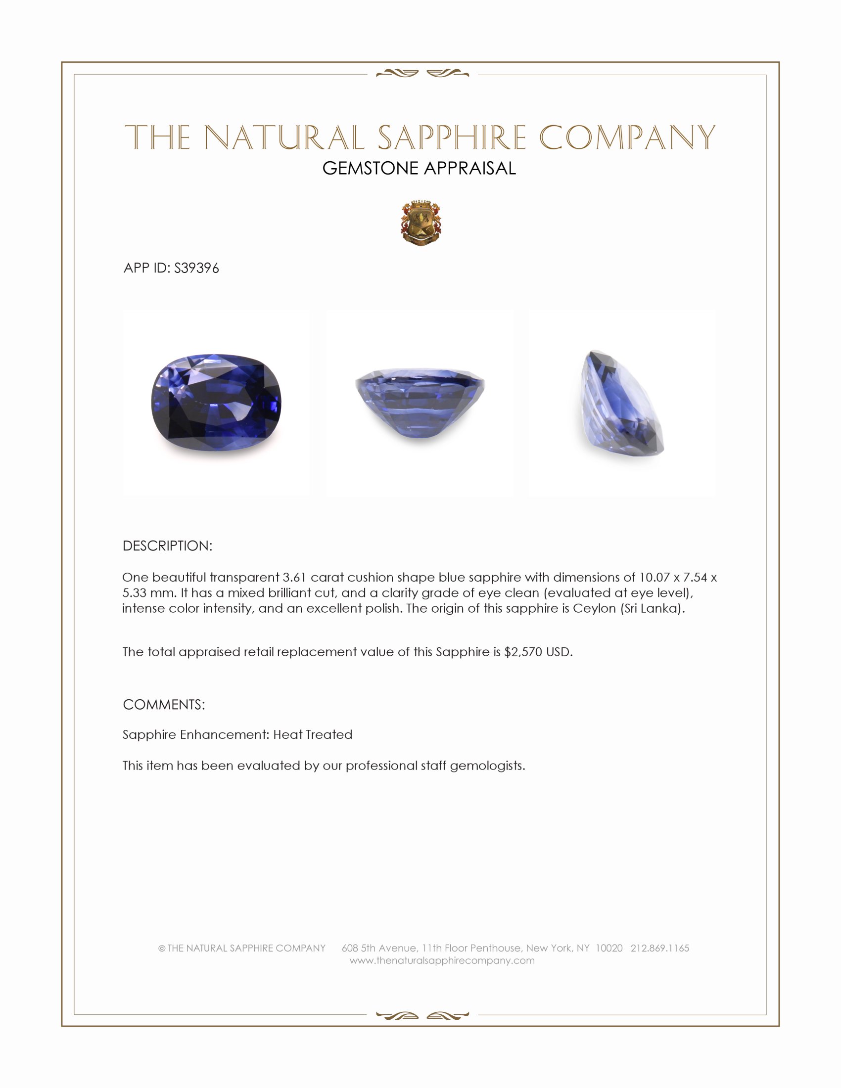 3.61 Ct. Blue Sapphire from Ceylon (Sri Lanka)