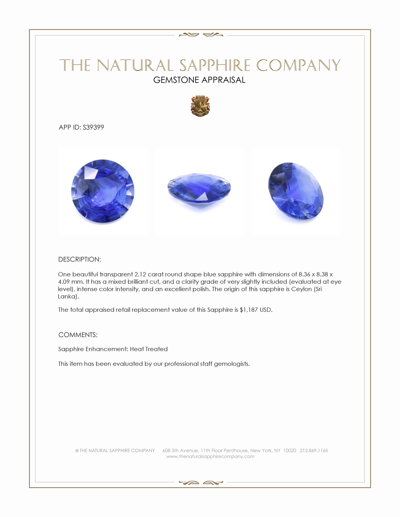 2.12 Ct. Blue Sapphire from Ceylon (Sri Lanka)