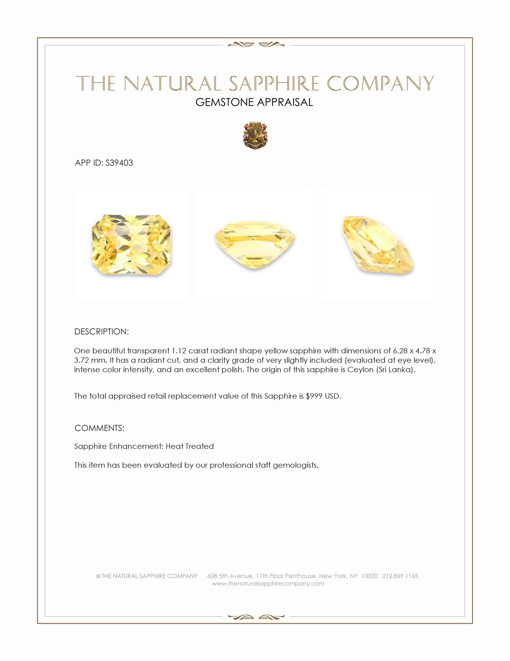 1.12 Ct. Yellow Sapphire from Ceylon (Sri Lanka)