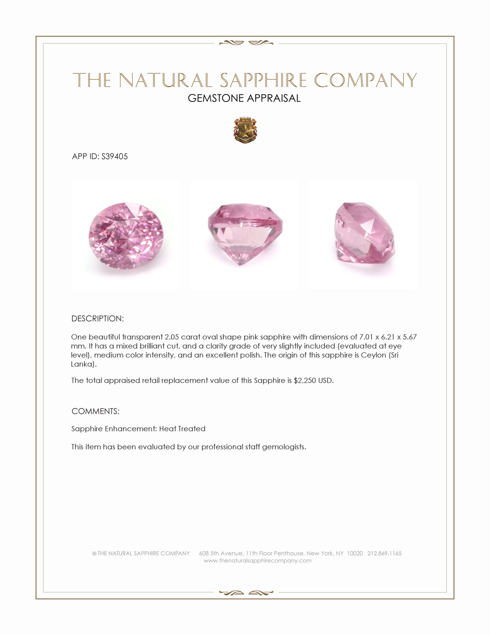 2.05 Ct. Pink Sapphire from Ceylon (Sri Lanka)