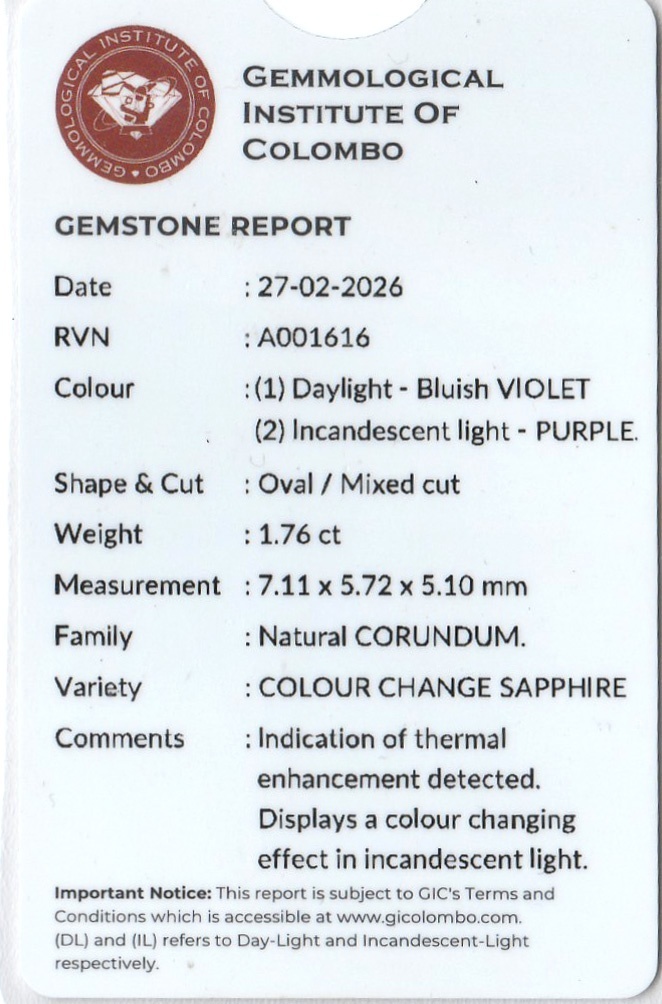 1.76 Ct. Color Change Sapphire from Ceylon (Sri Lanka)
