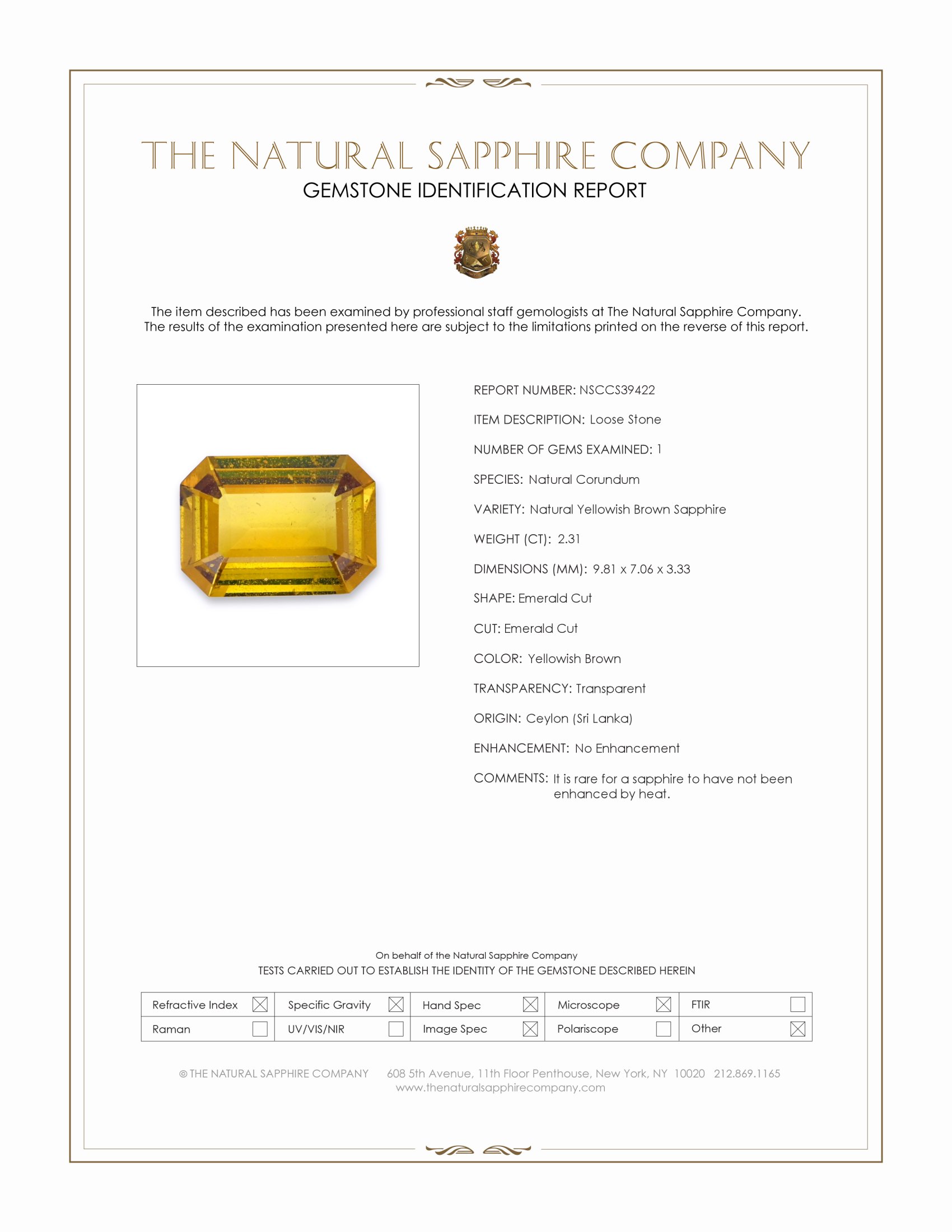2.31 Ct. Yellowish Brown Sapphire from Ceylon (Sri Lanka)