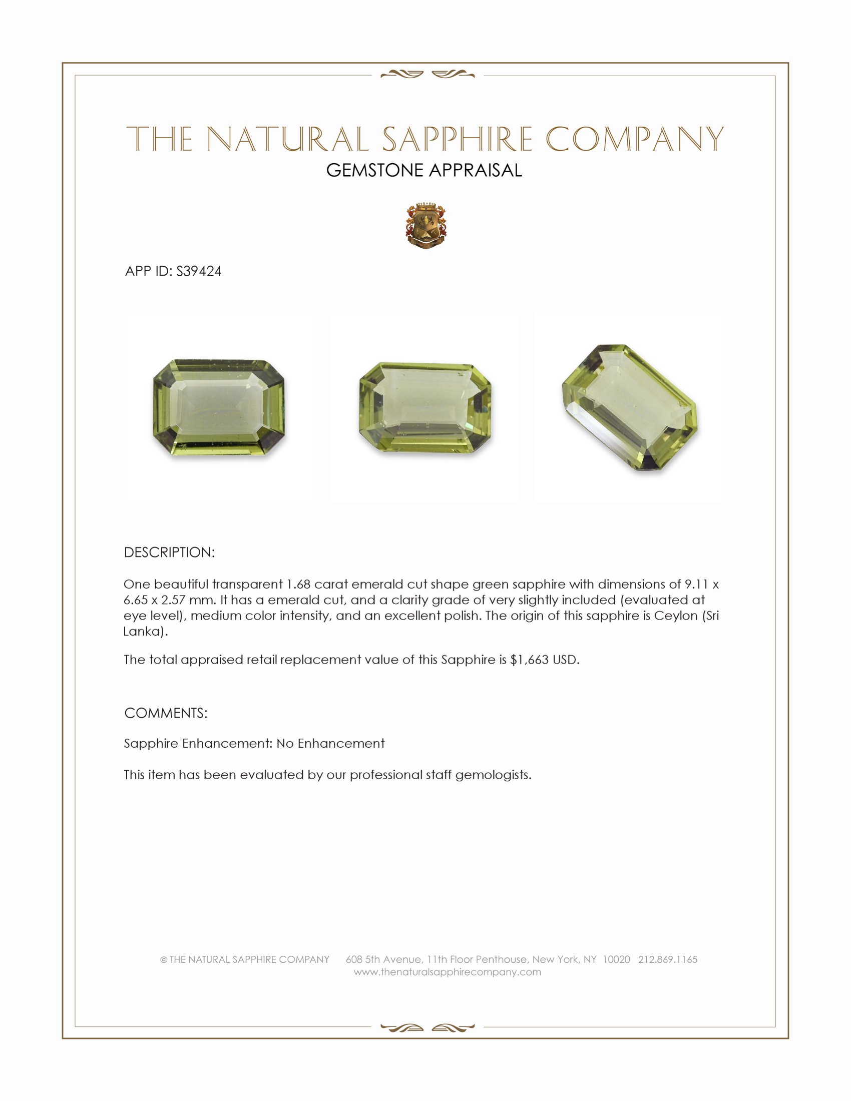 1.68 Ct. Green Sapphire from Ceylon (Sri Lanka)