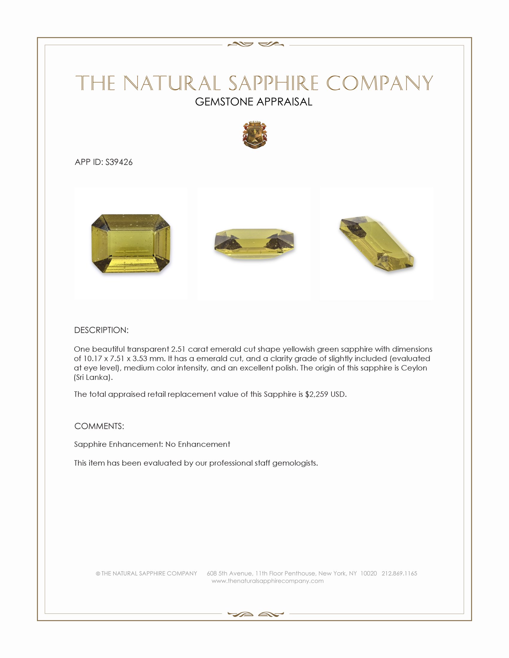 2.51 Ct. Greenish Yellow Sapphire from Ceylon (Sri Lanka)