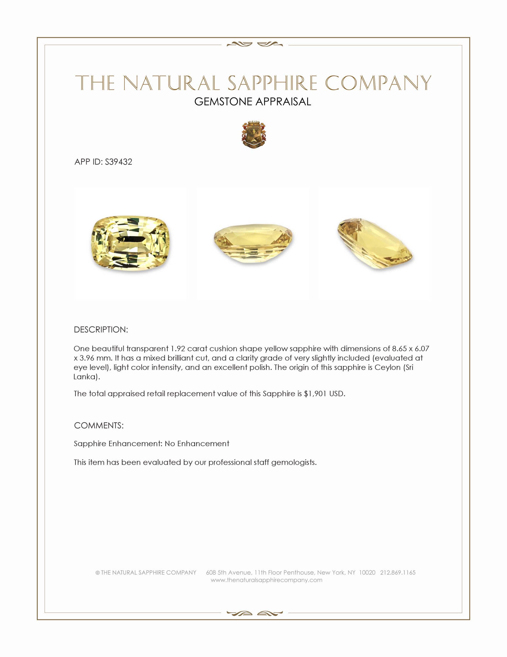 1.92 Ct. Yellow Sapphire from Ceylon (Sri Lanka)