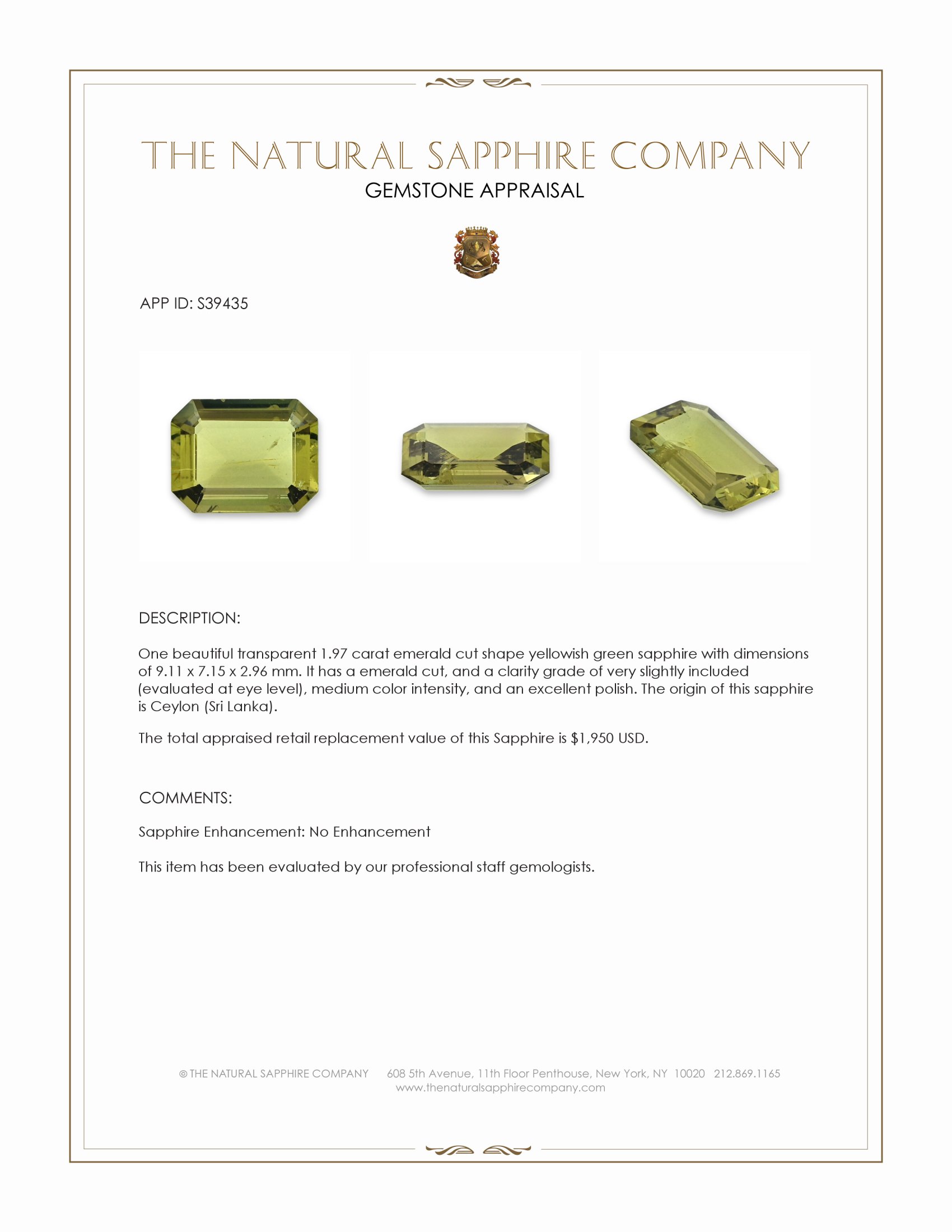 1.97 Ct. Yellowish Green Sapphire from Ceylon (Sri Lanka)