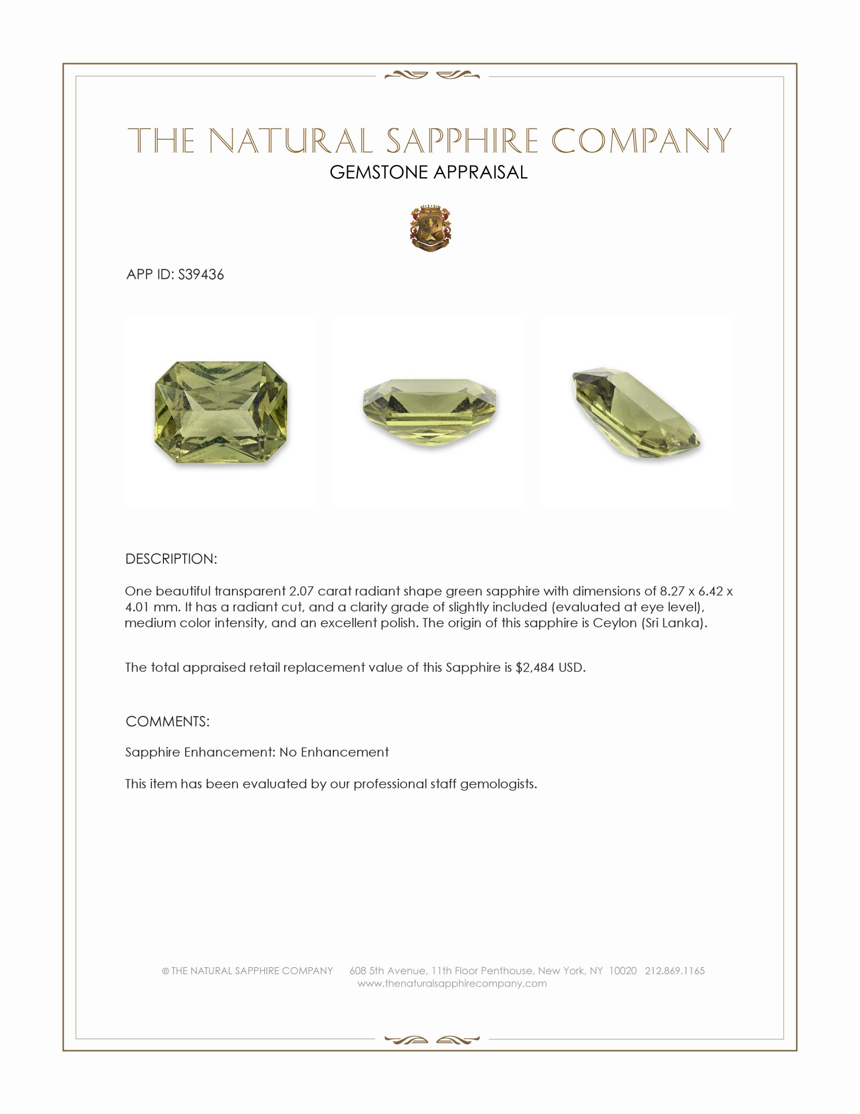 2.07 Ct. Yellowish Green Sapphire from Ceylon (Sri Lanka)