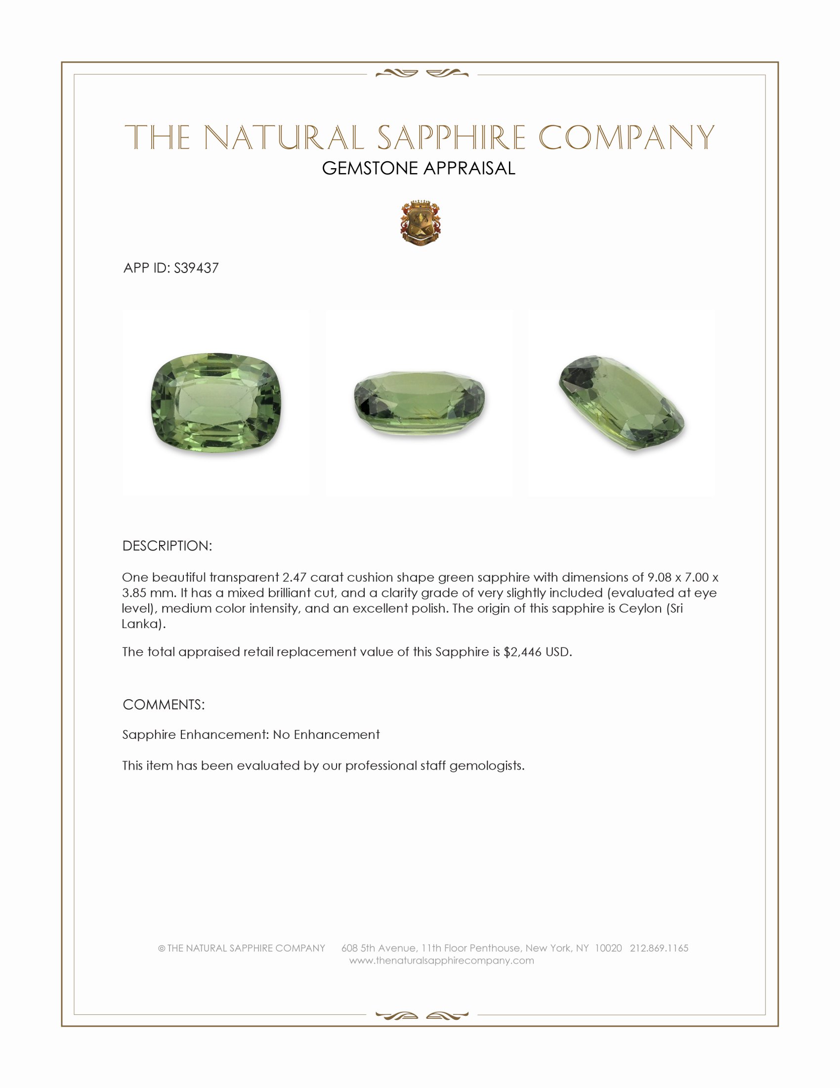 2.47 Ct. Green Sapphire from Ceylon (Sri Lanka)