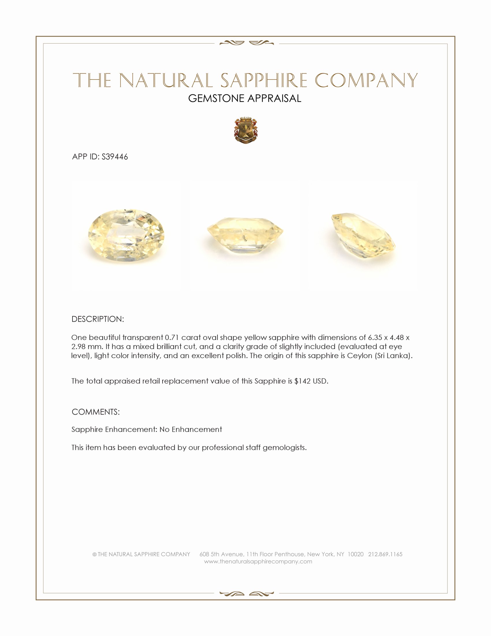 0.71 Ct. Yellow Sapphire from Ceylon (Sri Lanka)