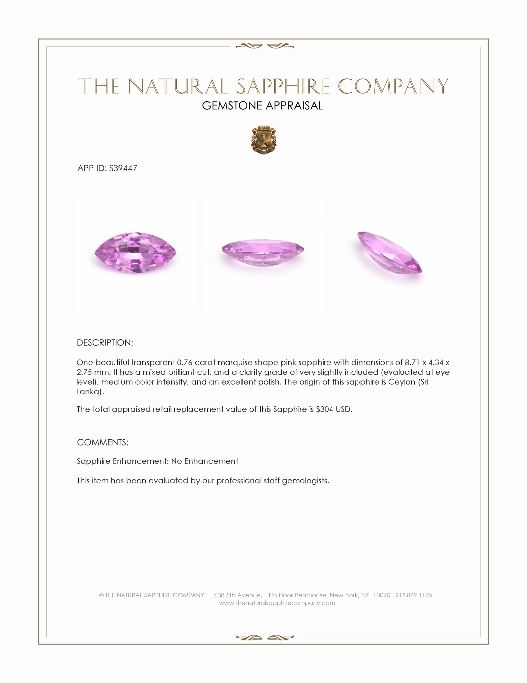 0.76 Ct. Pink Sapphire from Ceylon (Sri Lanka)