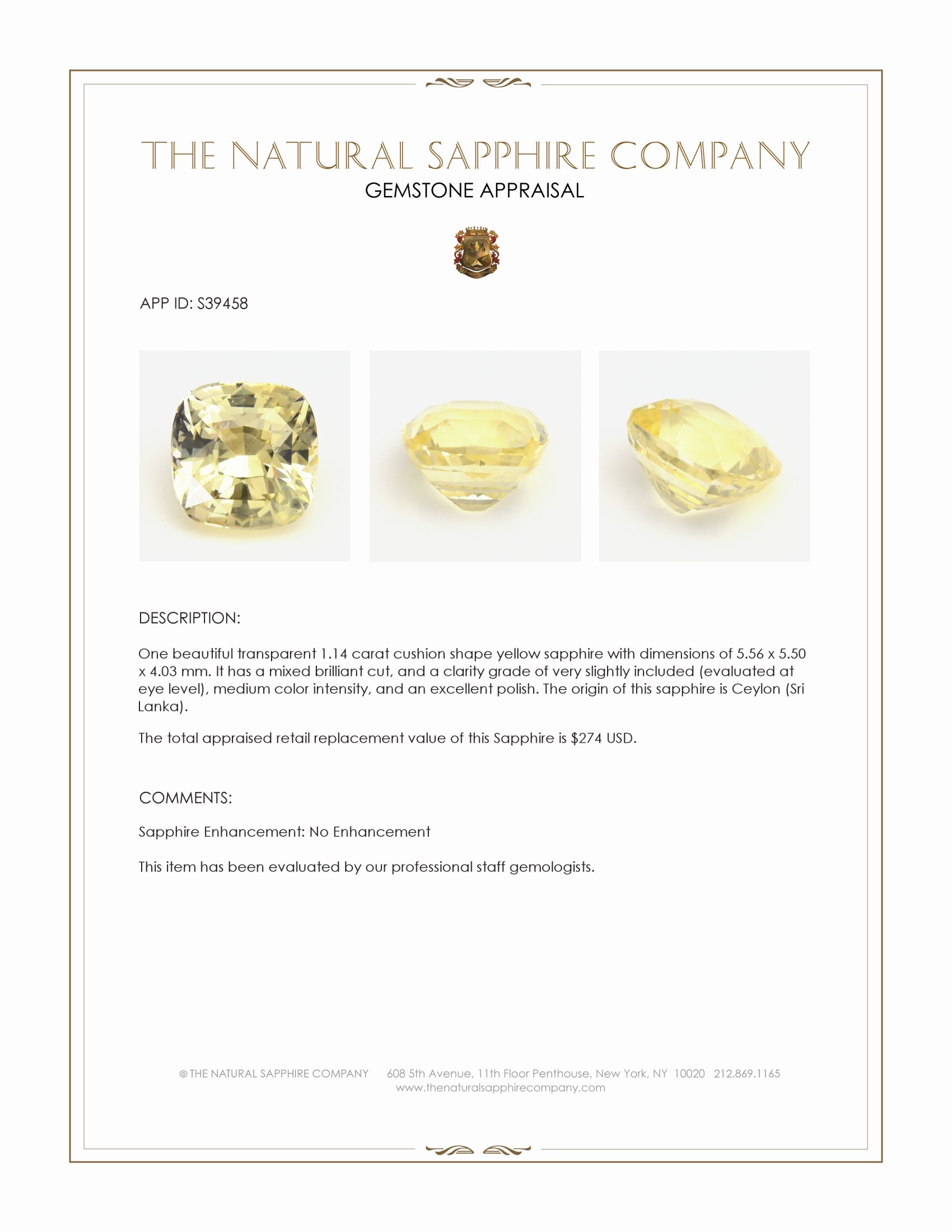 1.14 Ct. Yellow Sapphire from Ceylon (Sri Lanka)