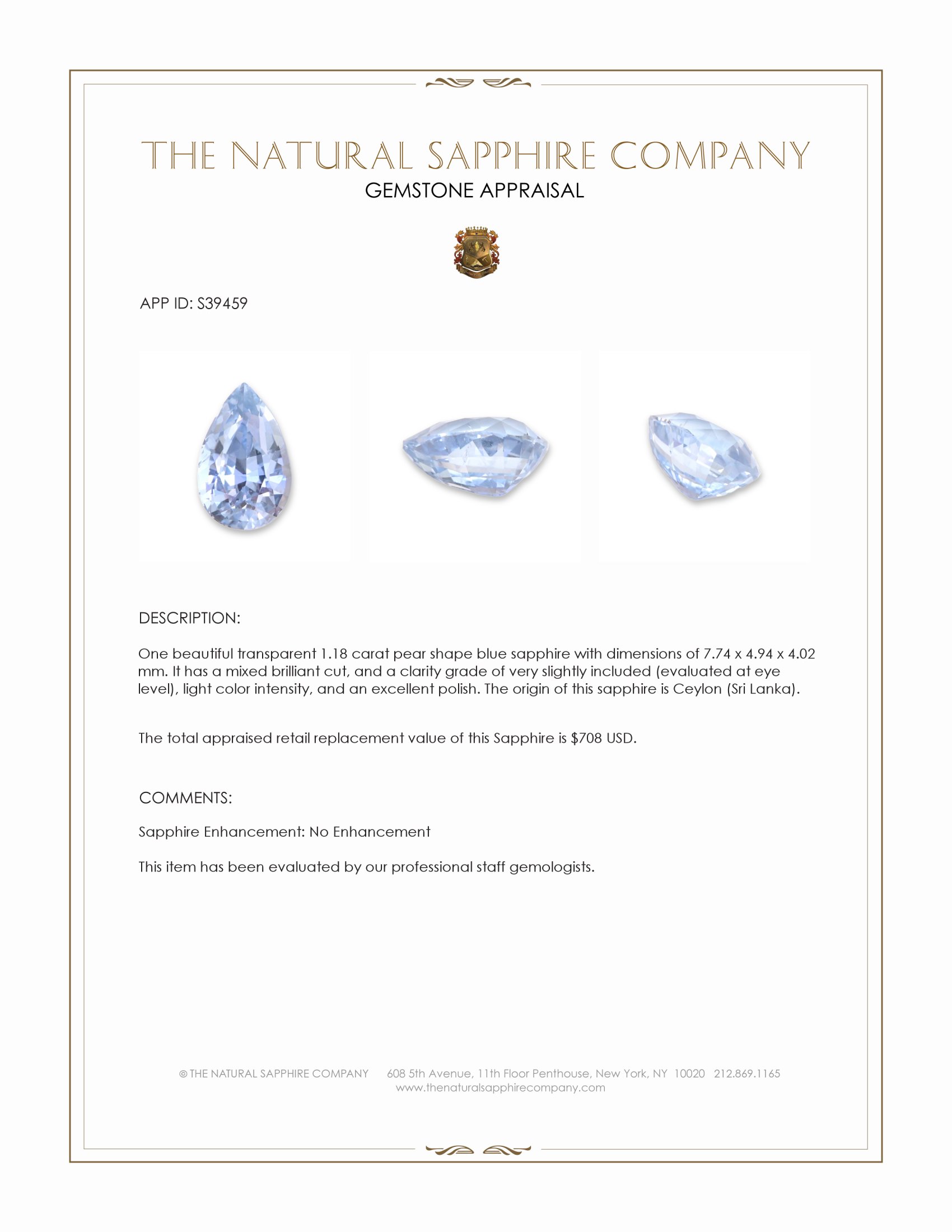 1.18 Ct. Blue Sapphire from Ceylon (Sri Lanka)