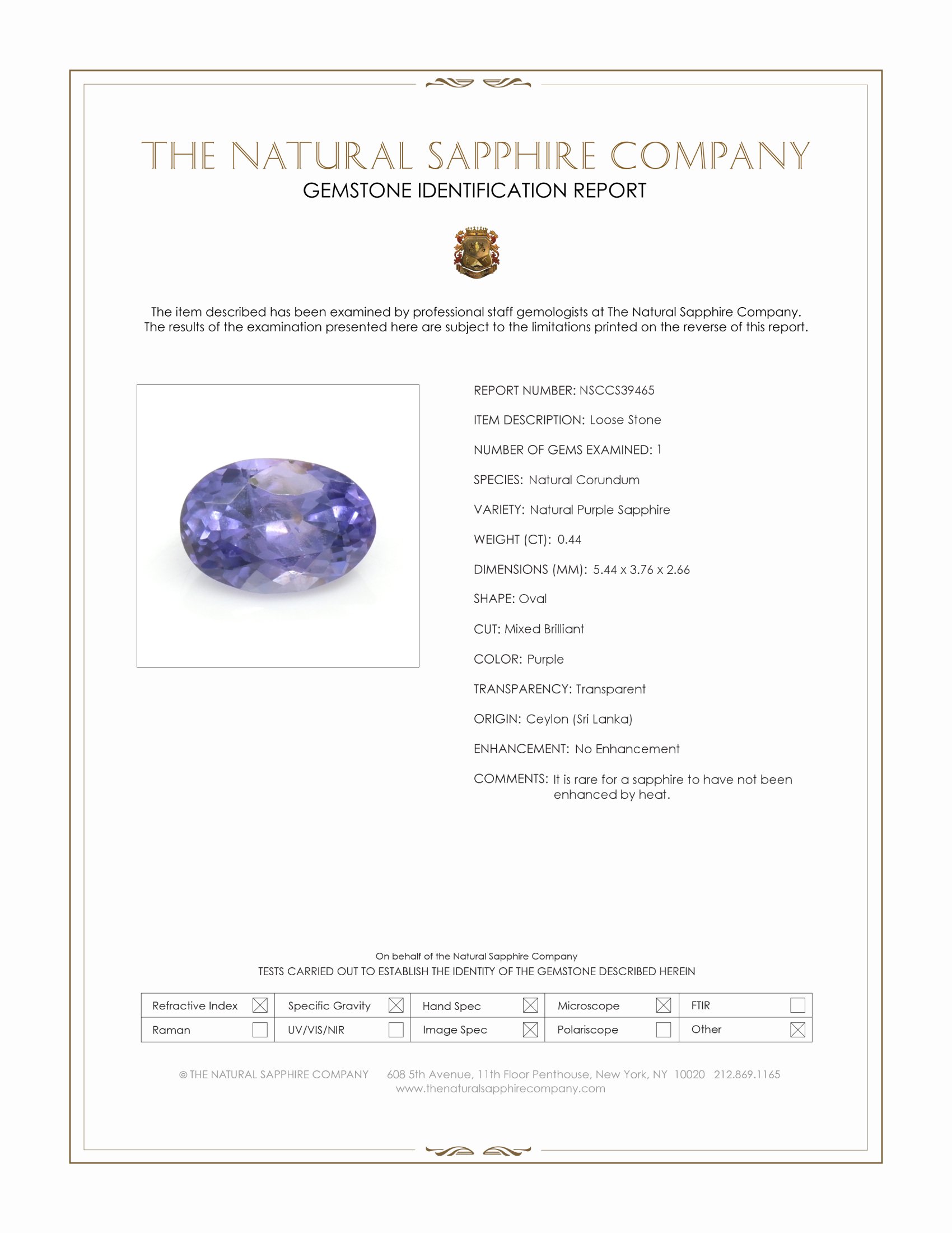 0.44 Ct. Purple Sapphire from Ceylon (Sri Lanka)