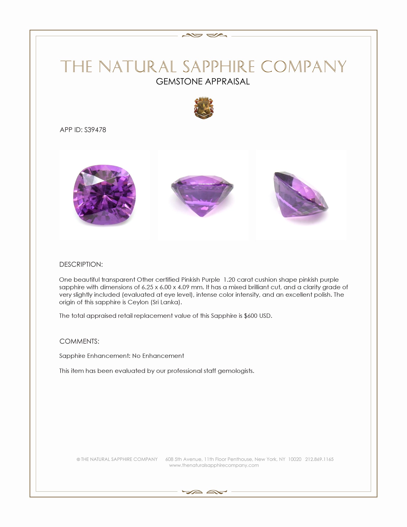1.20 Ct. Pinkish Purple Sapphire from Ceylon (Sri Lanka)