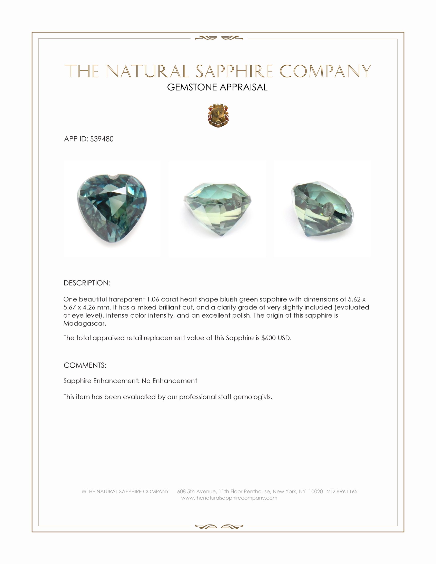 1.06 Ct. Bluish Green Sapphire from Madagascar