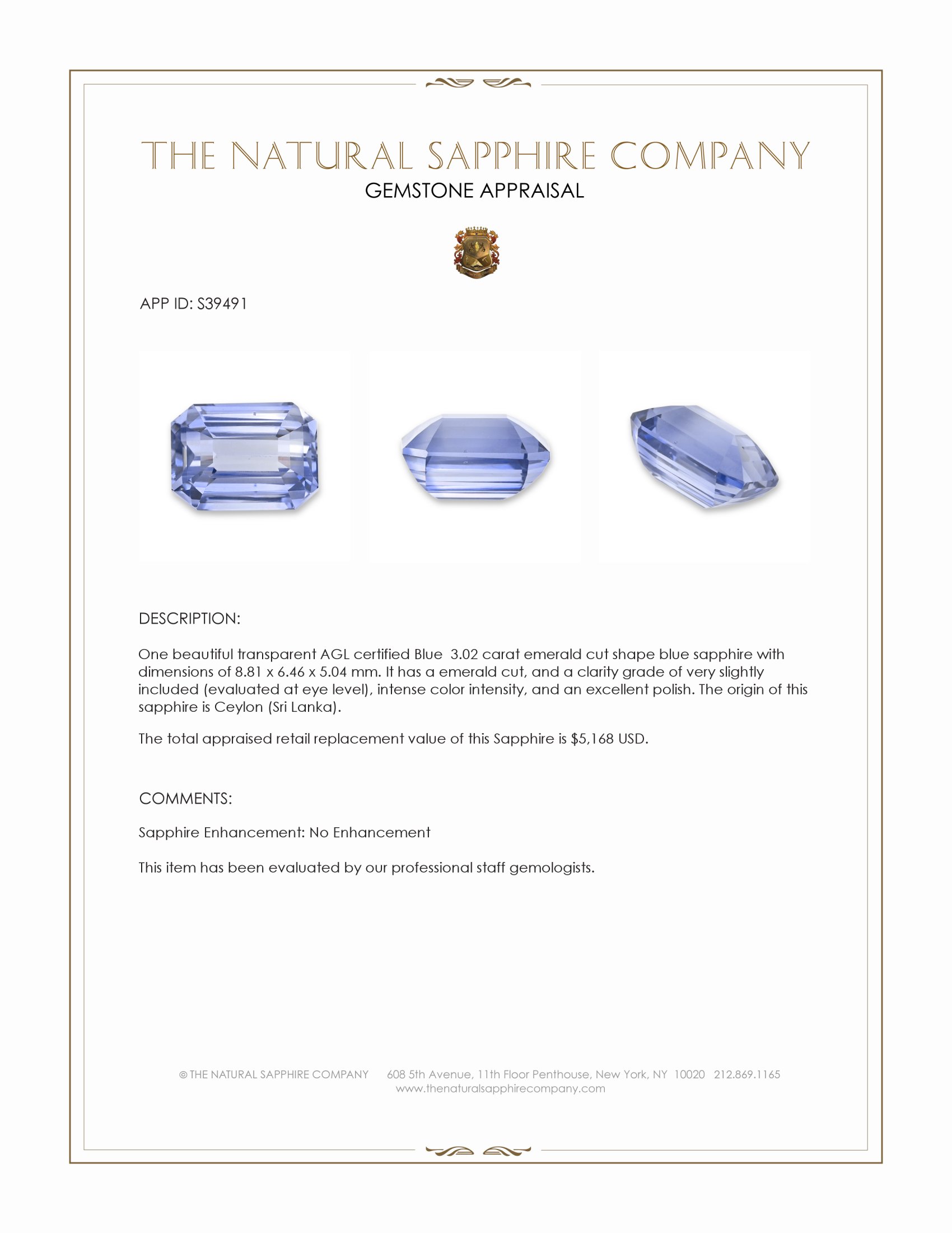 3.02 Ct. Blue Sapphire from Ceylon (Sri Lanka)