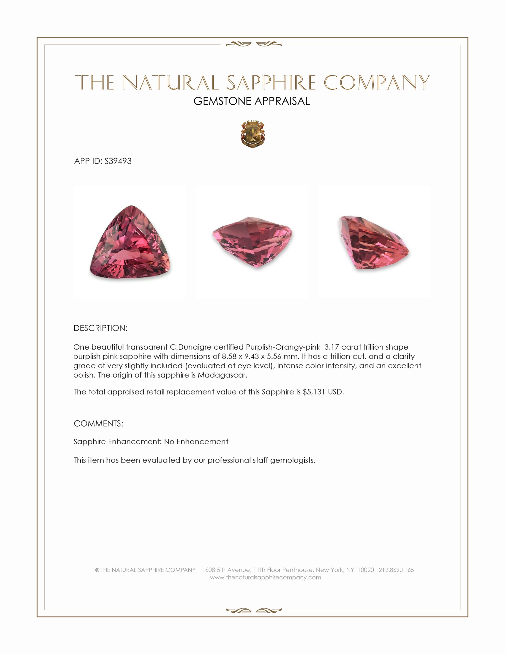 3.17 Ct. Purplish Pink Sapphire from Madagascar