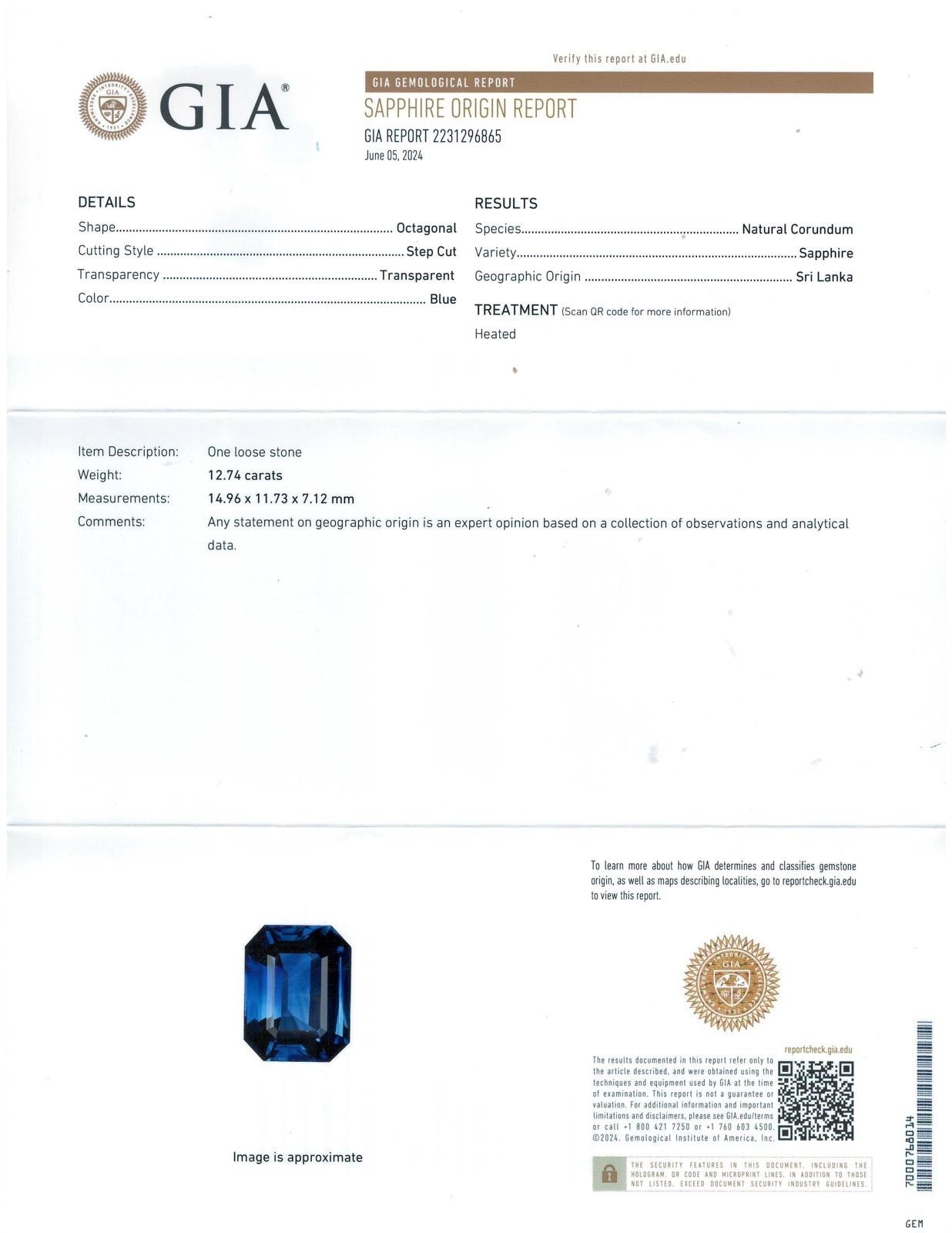 12.74 Ct. Blue Sapphire from Ceylon (Sri Lanka)