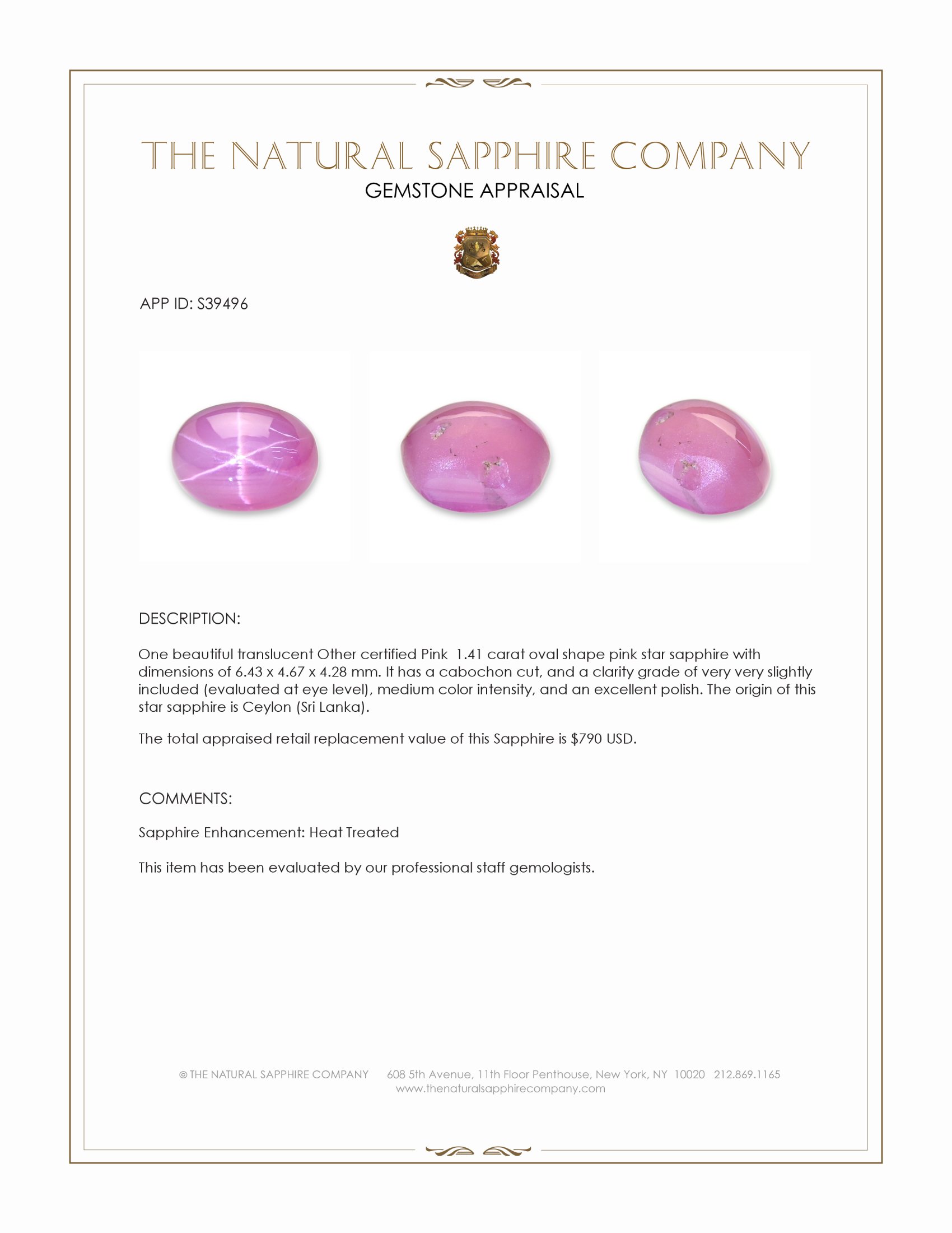 1.41 Ct. Pink Star Sapphire from Ceylon (Sri Lanka)