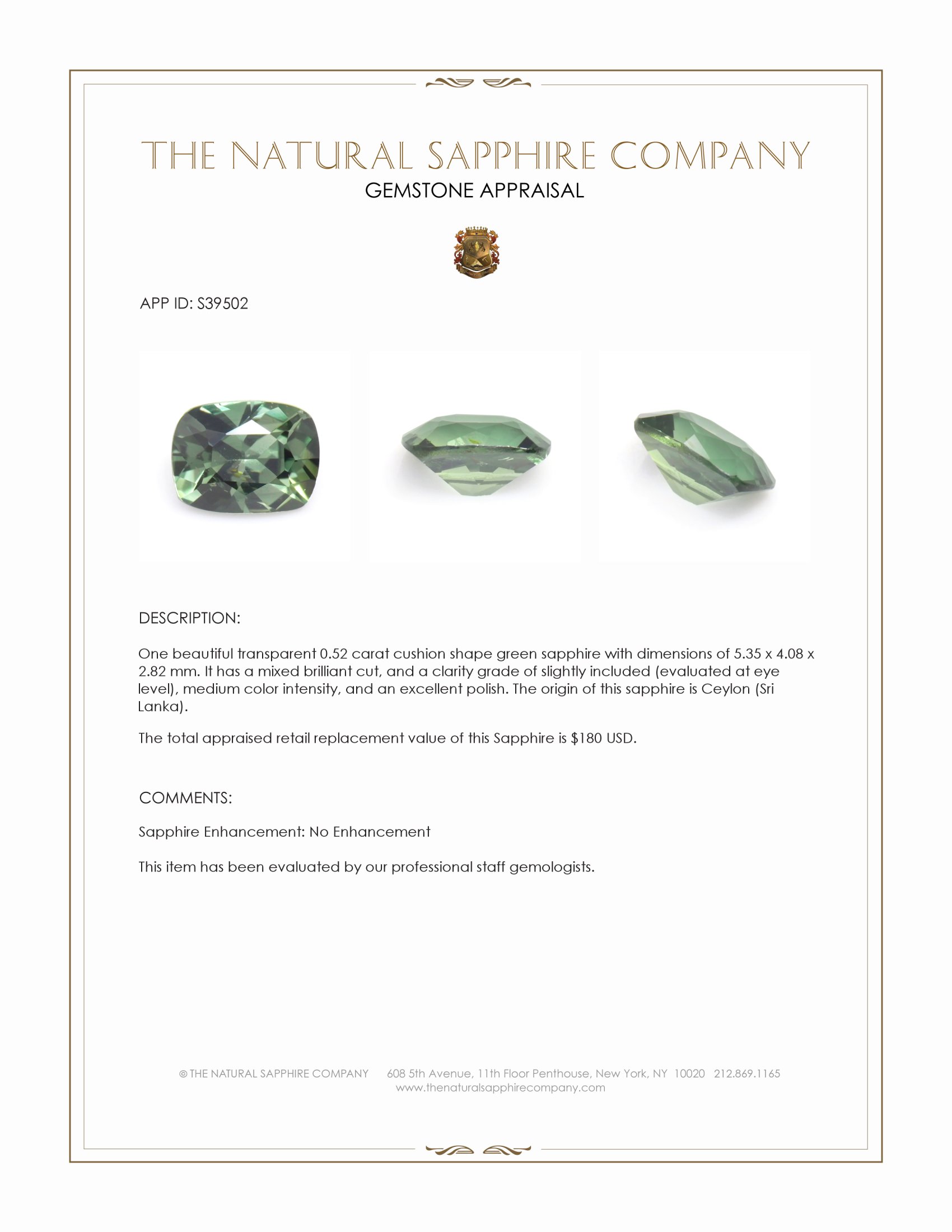 0.52 Ct. Green Sapphire from Ceylon (Sri Lanka)