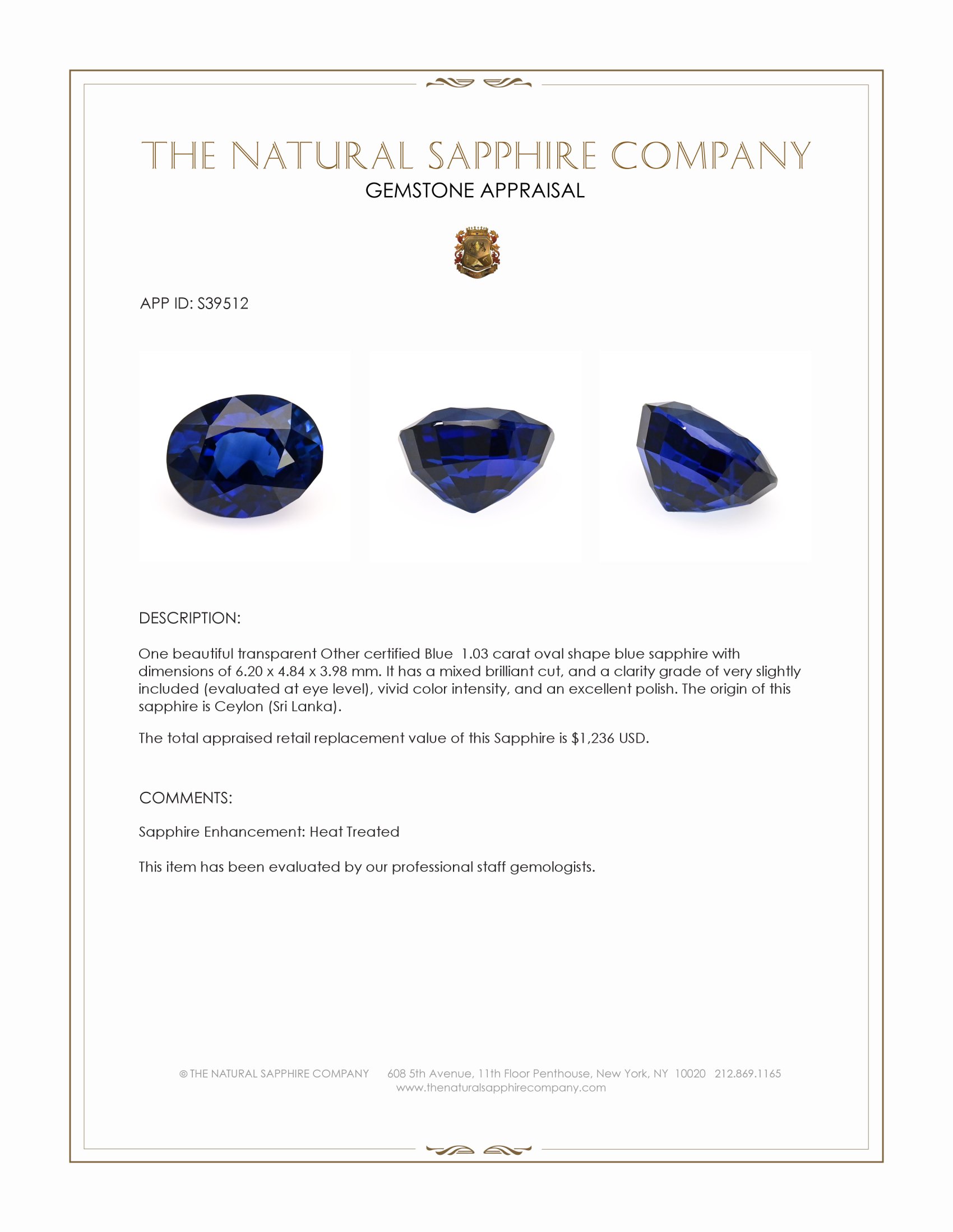 1.03 Ct. Blue Sapphire from Ceylon (Sri Lanka)