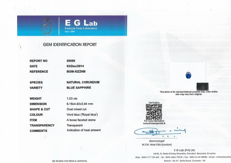 1.03 Ct. Blue Sapphire from Ceylon (Sri Lanka)