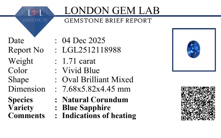 1.71 Ct. Blue Sapphire from Ceylon (Sri Lanka)