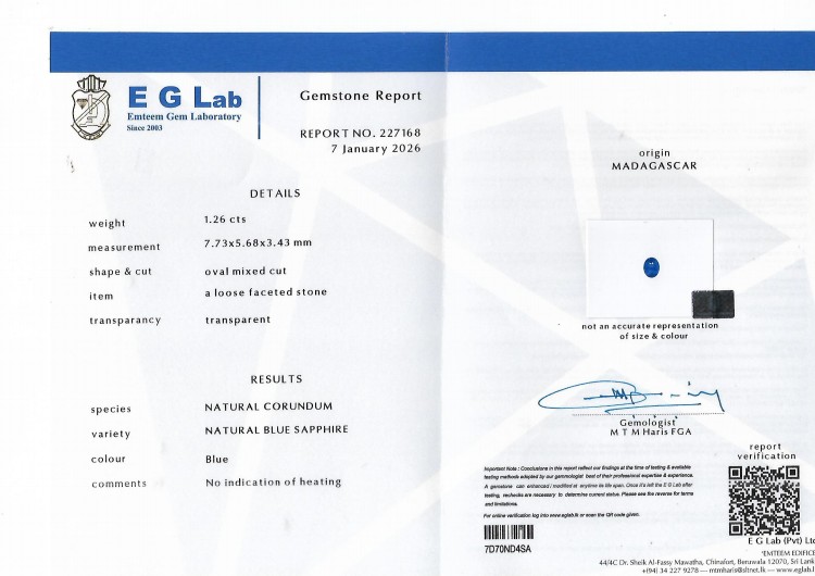1.26 Ct. Blue Sapphire from Madagascar