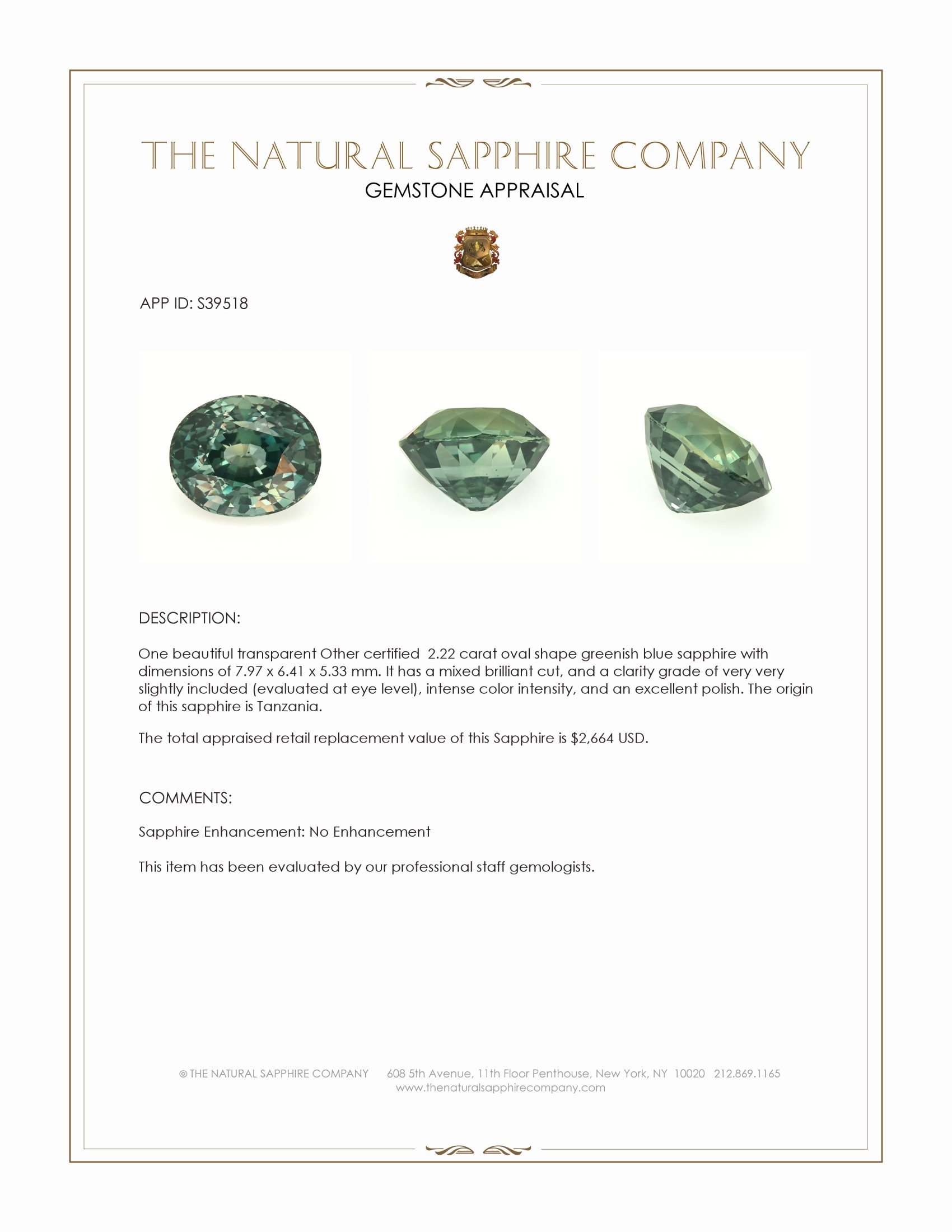 2.22 Ct. Bluish Green Sapphire from Tanzania