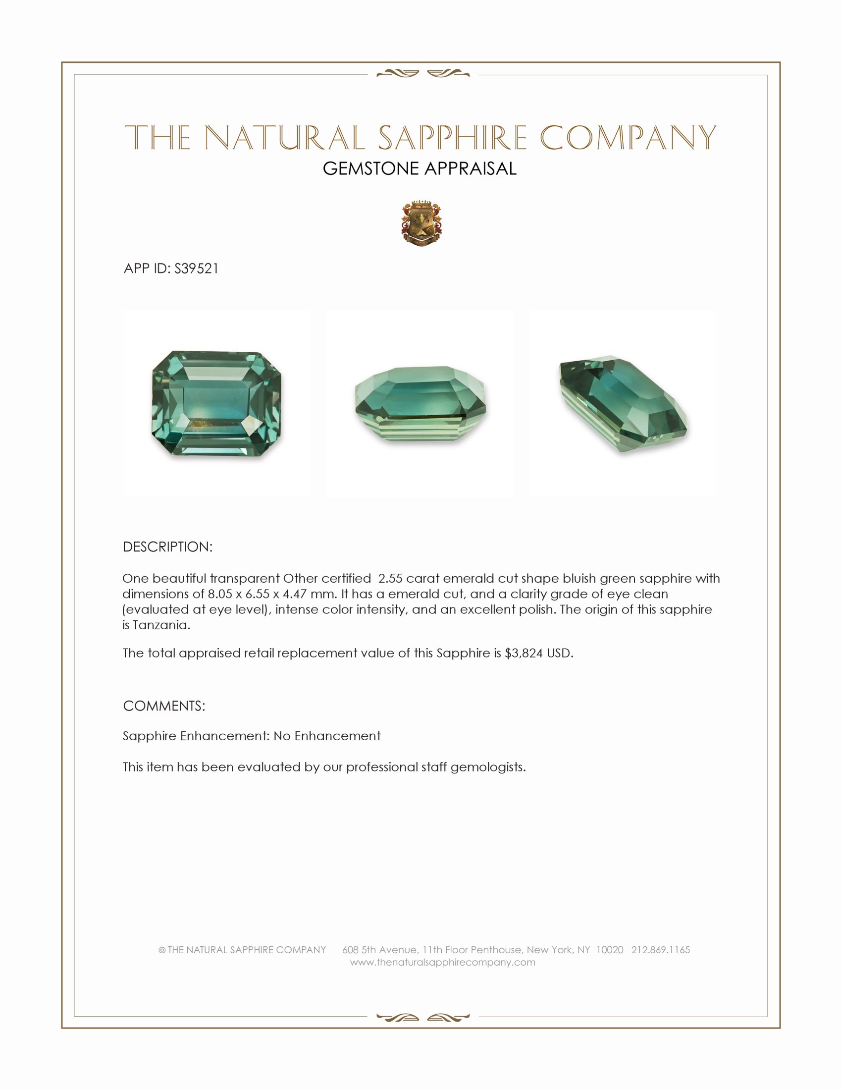 2.55 Ct. Bluish Green Sapphire from Tanzania