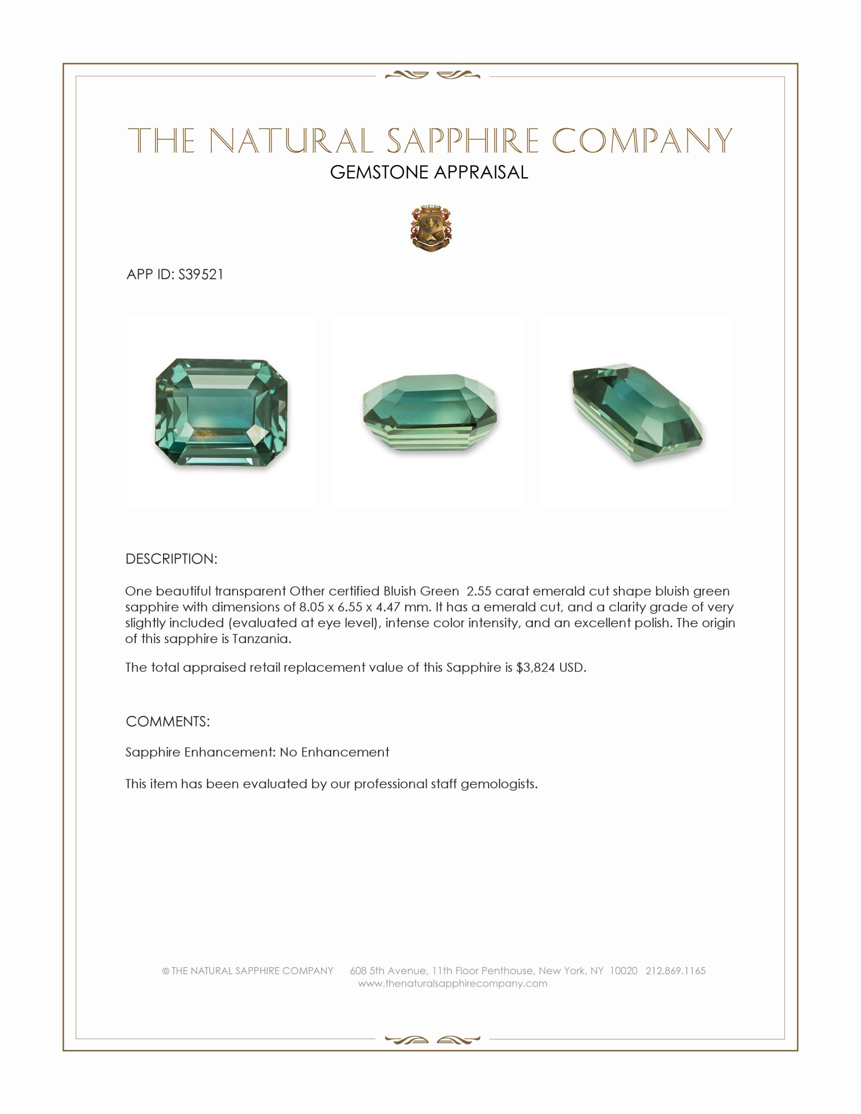 2.55 Ct. Bluish Green Sapphire from Tanzania