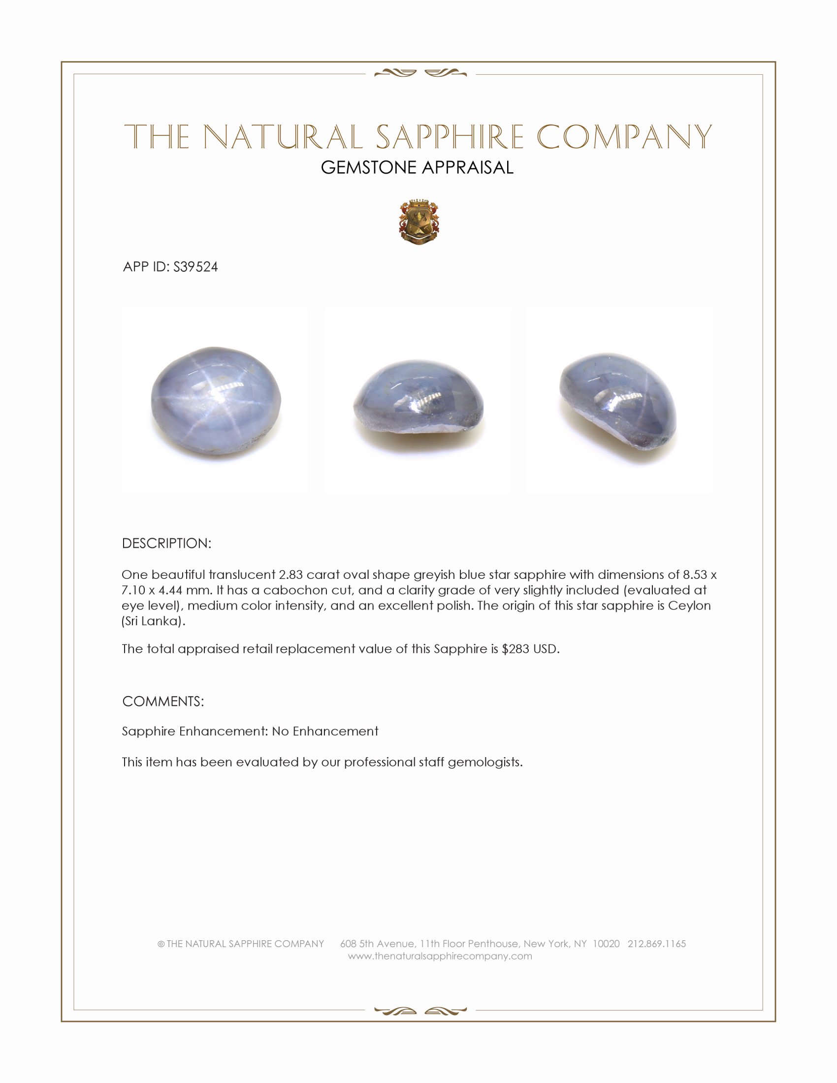 2.83 Ct. Greyish Blue Star Sapphire from Ceylon (Sri Lanka)