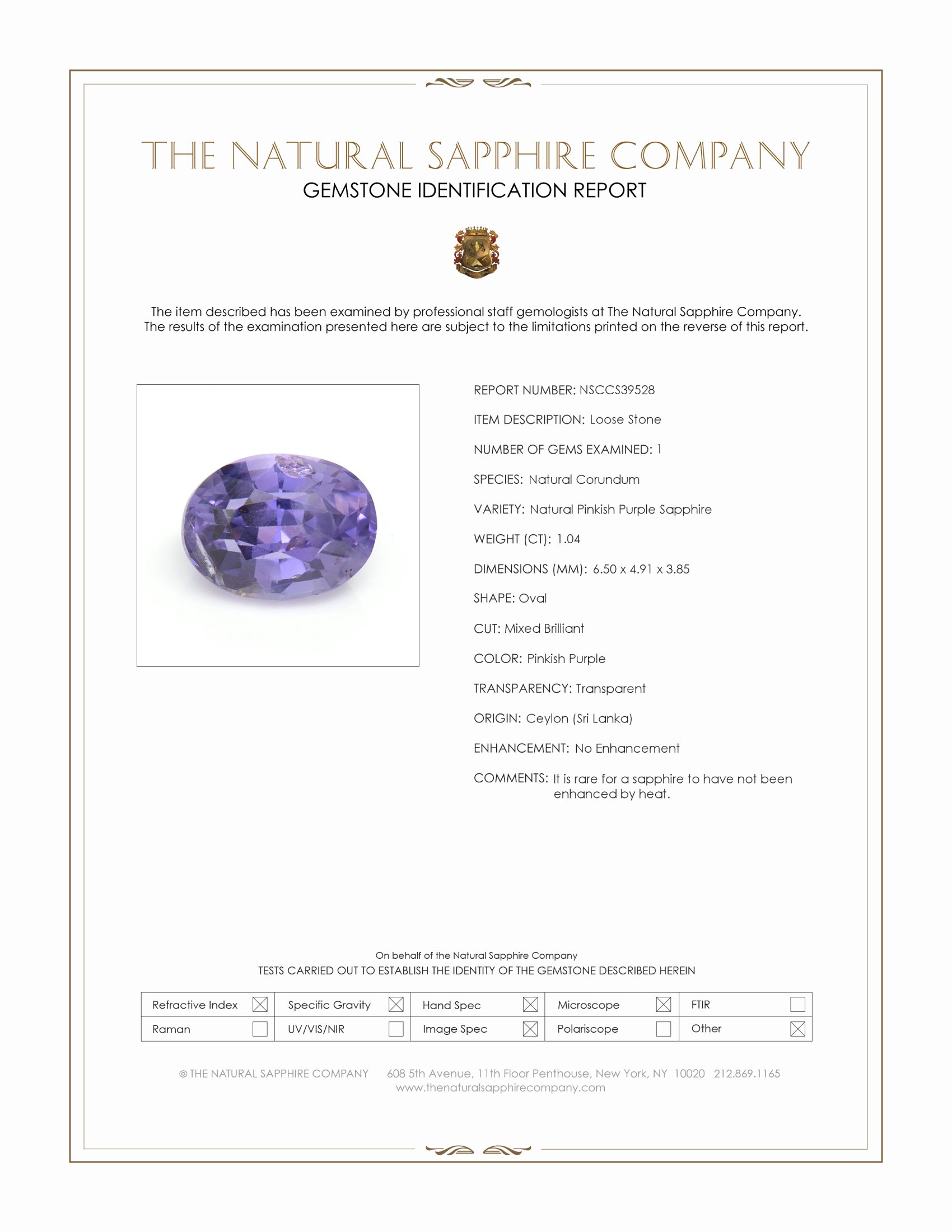 1.04 Ct. Pinkish Purple Sapphire from Ceylon (Sri Lanka)