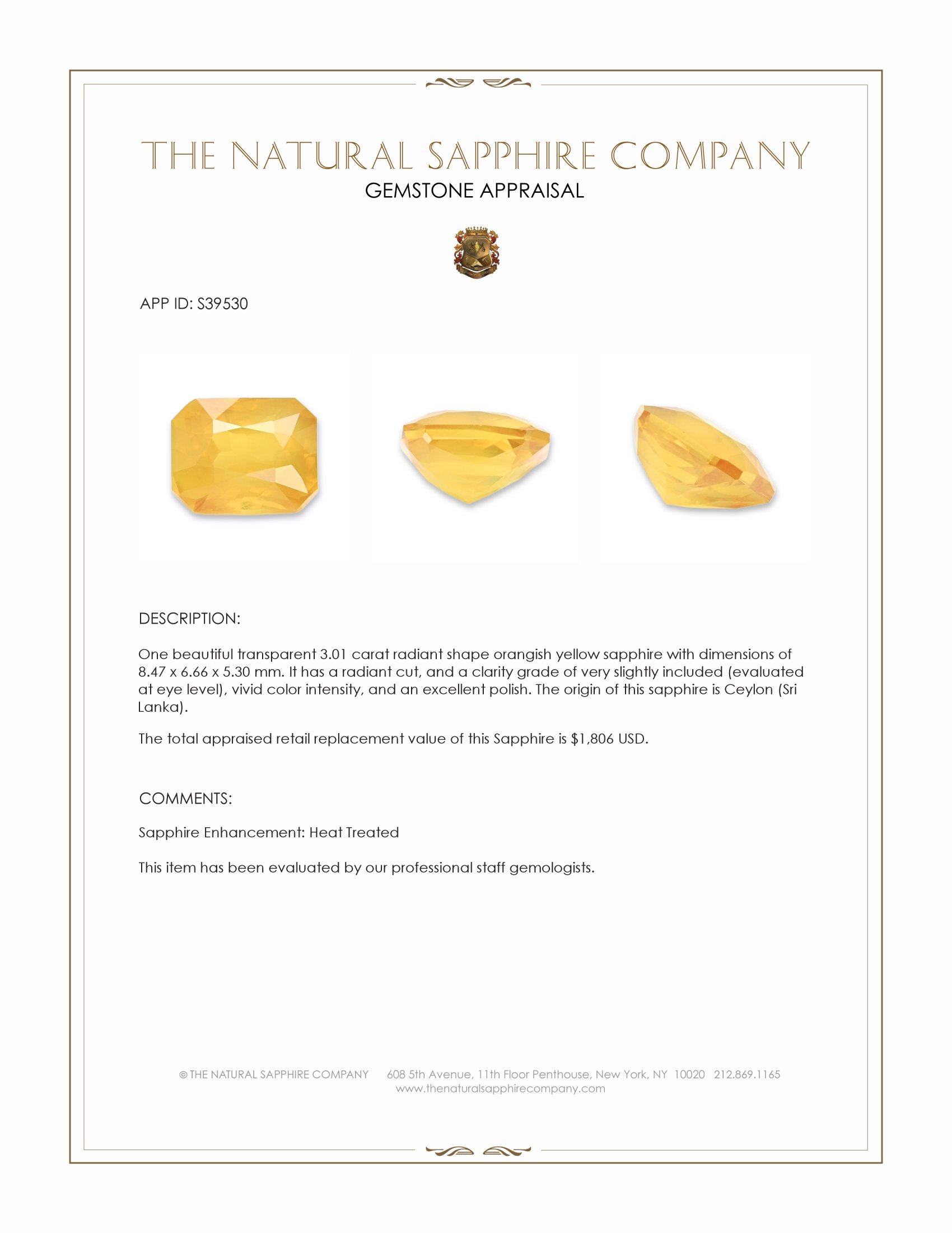 3.01 Ct. Orangish Yellow Sapphire from Ceylon (Sri Lanka)