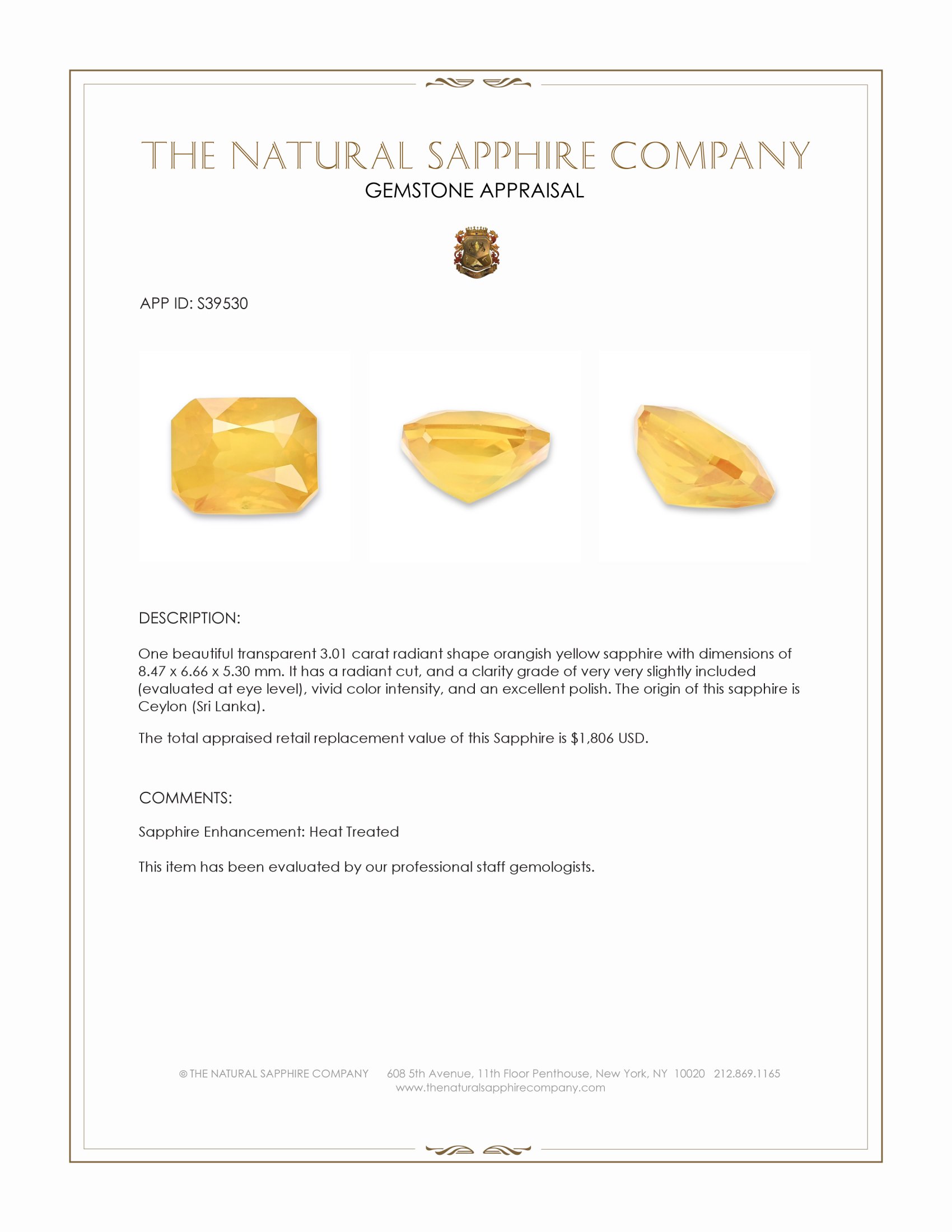 3.01 Ct. Orangish Yellow Sapphire from Ceylon (Sri Lanka)