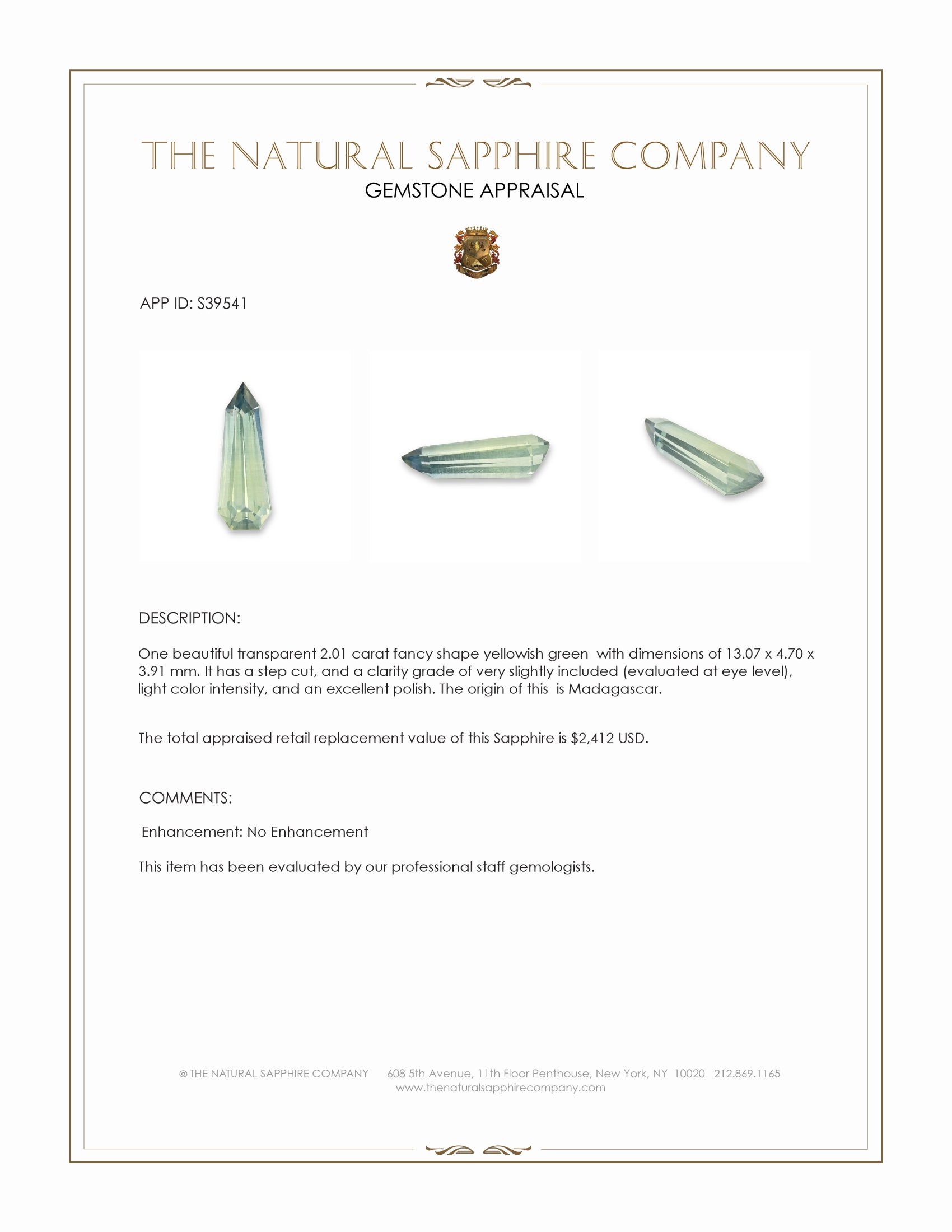 2.01 Ct. Yellowish Green Sapphire from Madagascar
