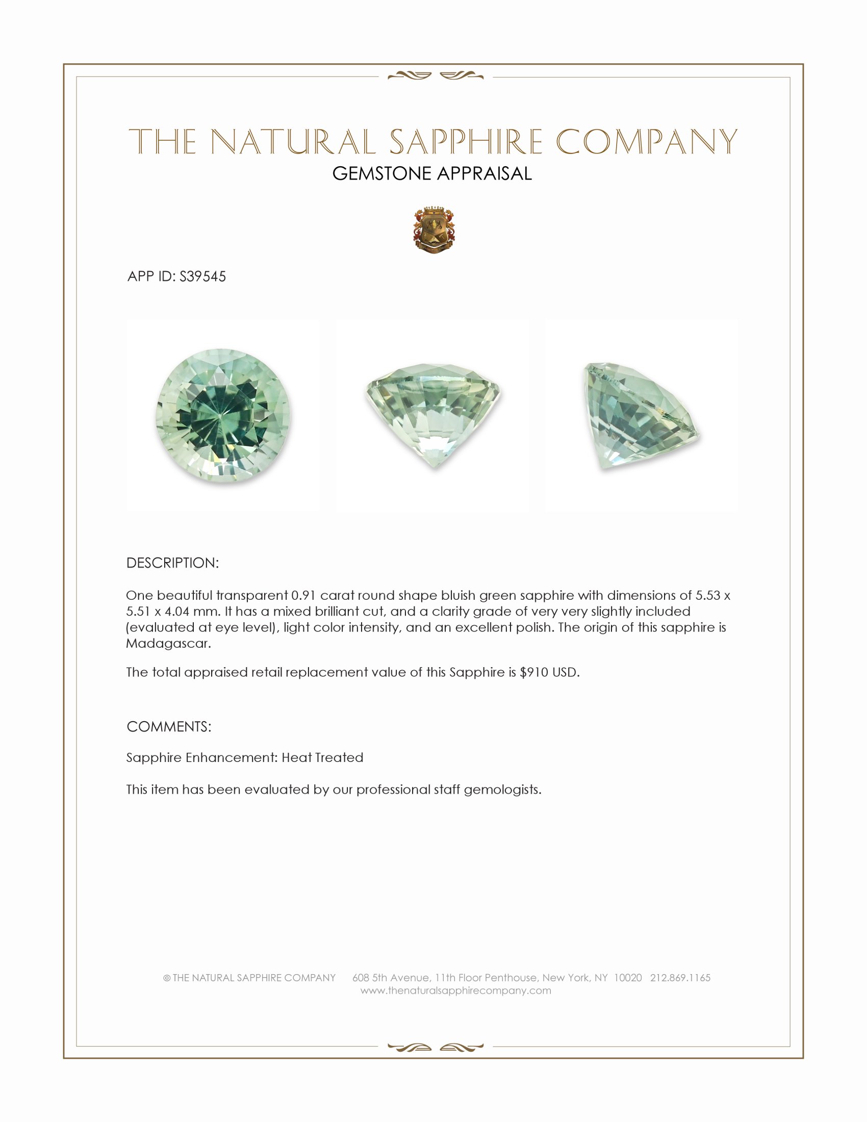 0.91 Ct. Bluish Green Sapphire from Madagascar