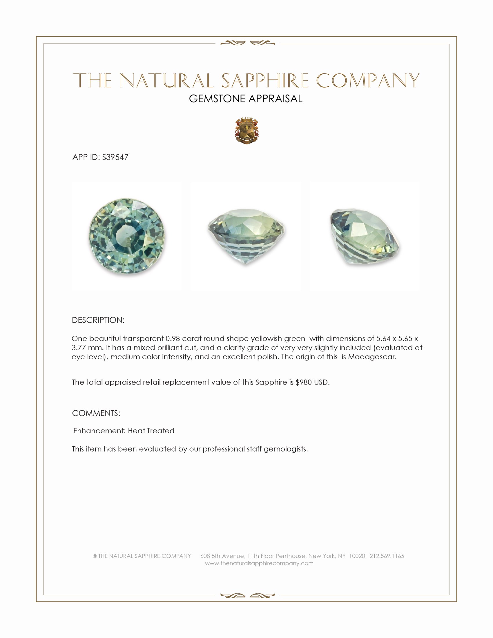 0.98 Ct. Yellowish Green Sapphire from Madagascar