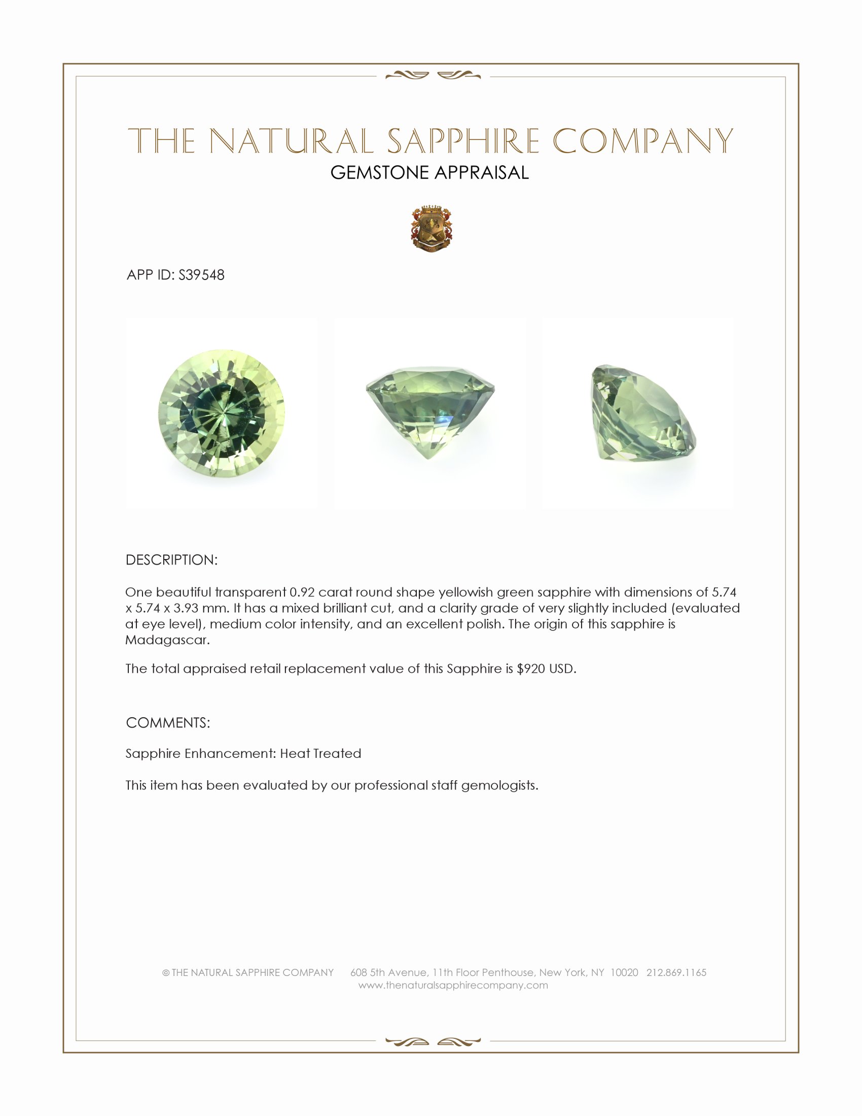 0.92 Ct. Yellowish Green Sapphire from Madagascar