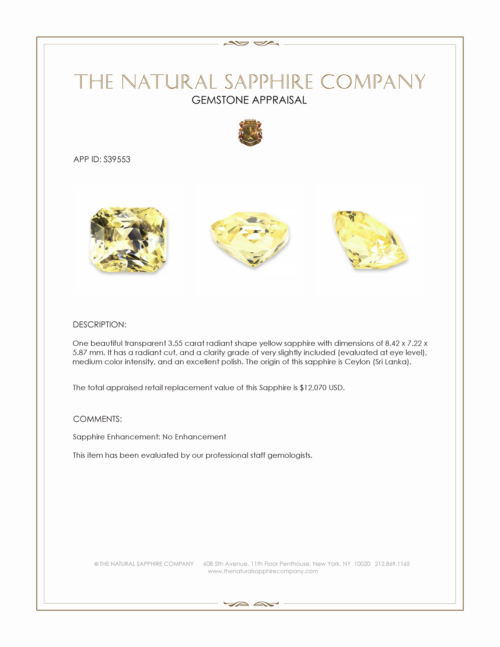3.55 Ct. Yellow Sapphire from Ceylon (Sri Lanka)