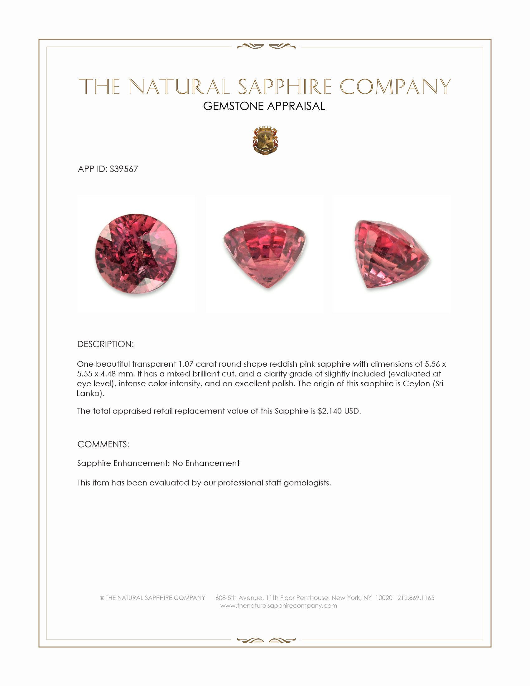 1.07 Ct. Reddish Pink Sapphire from Ceylon (Sri Lanka)