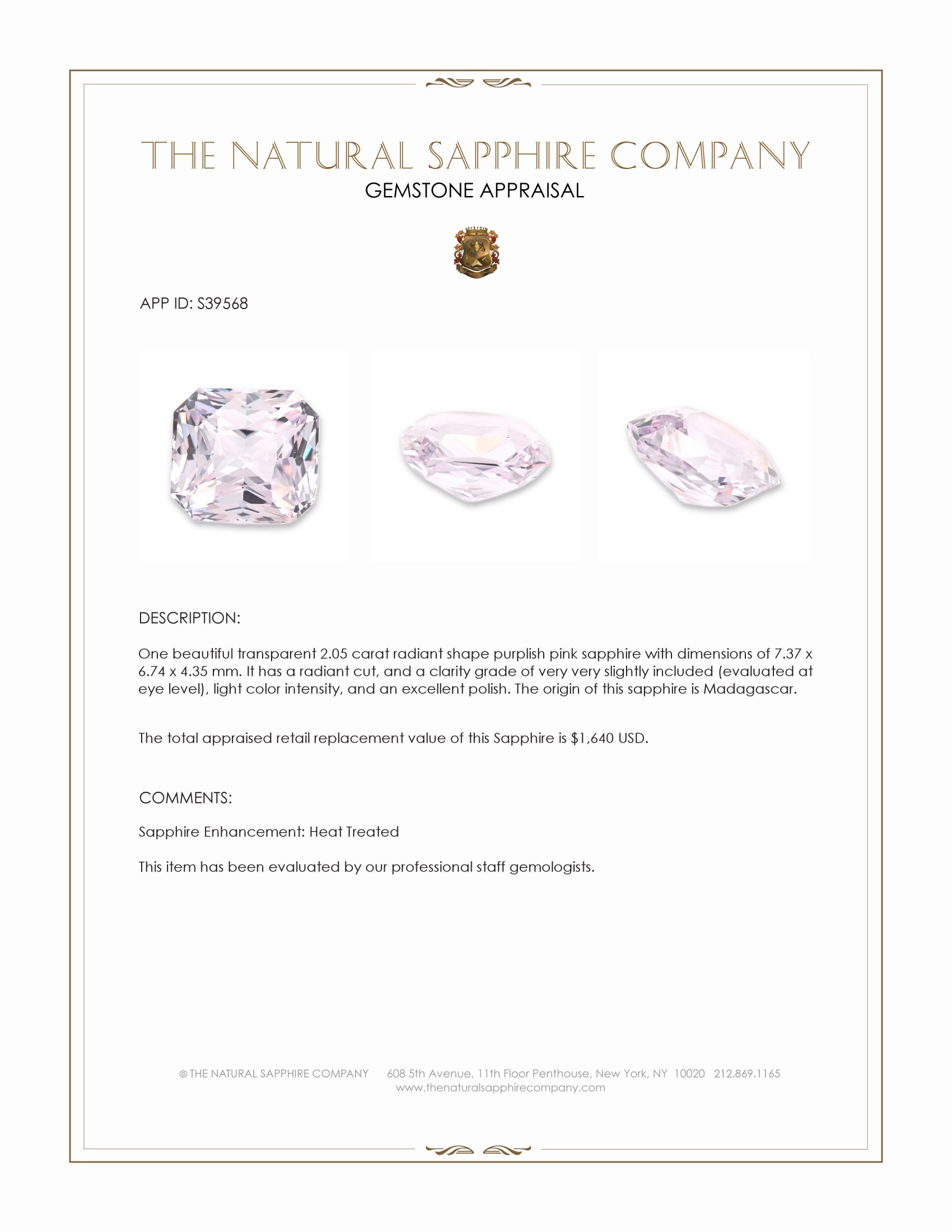 2.05 Ct. Purplish Pink Sapphire from Madagascar