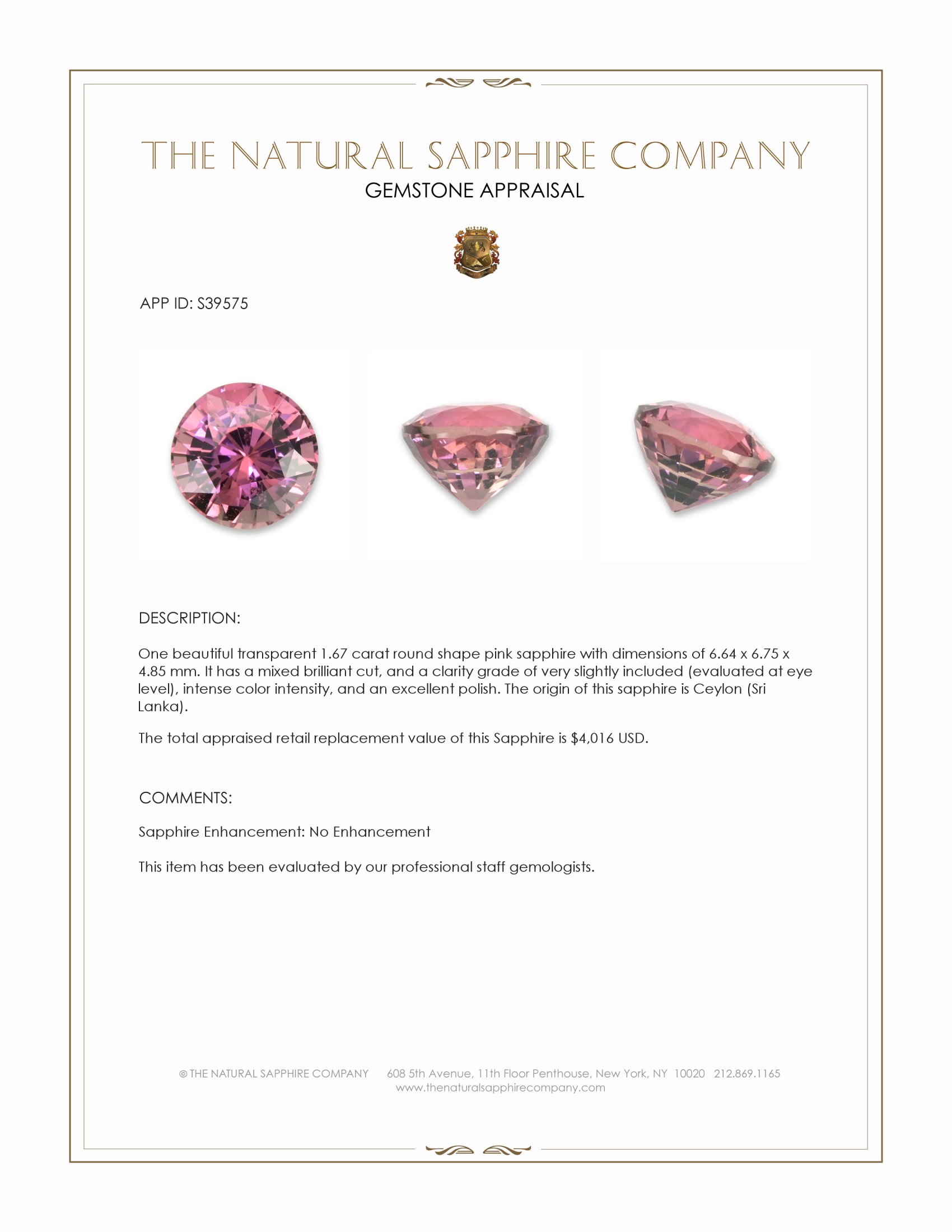 1.67 Ct. Pink Sapphire from Ceylon (Sri Lanka)