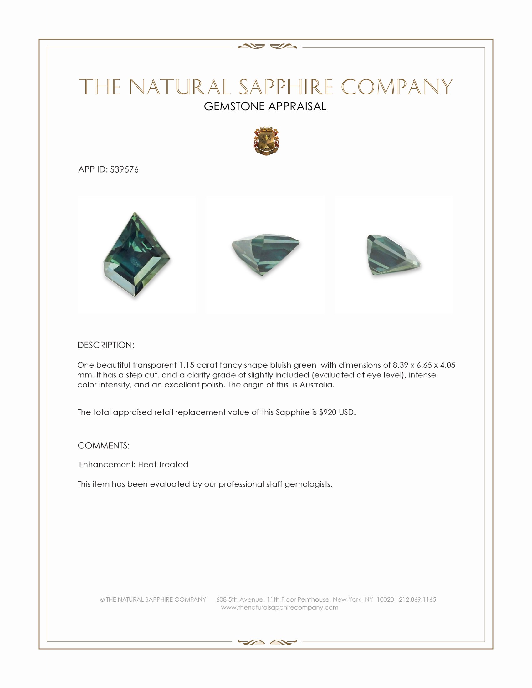 1.15 Ct. Bluish Green Sapphire from Australia