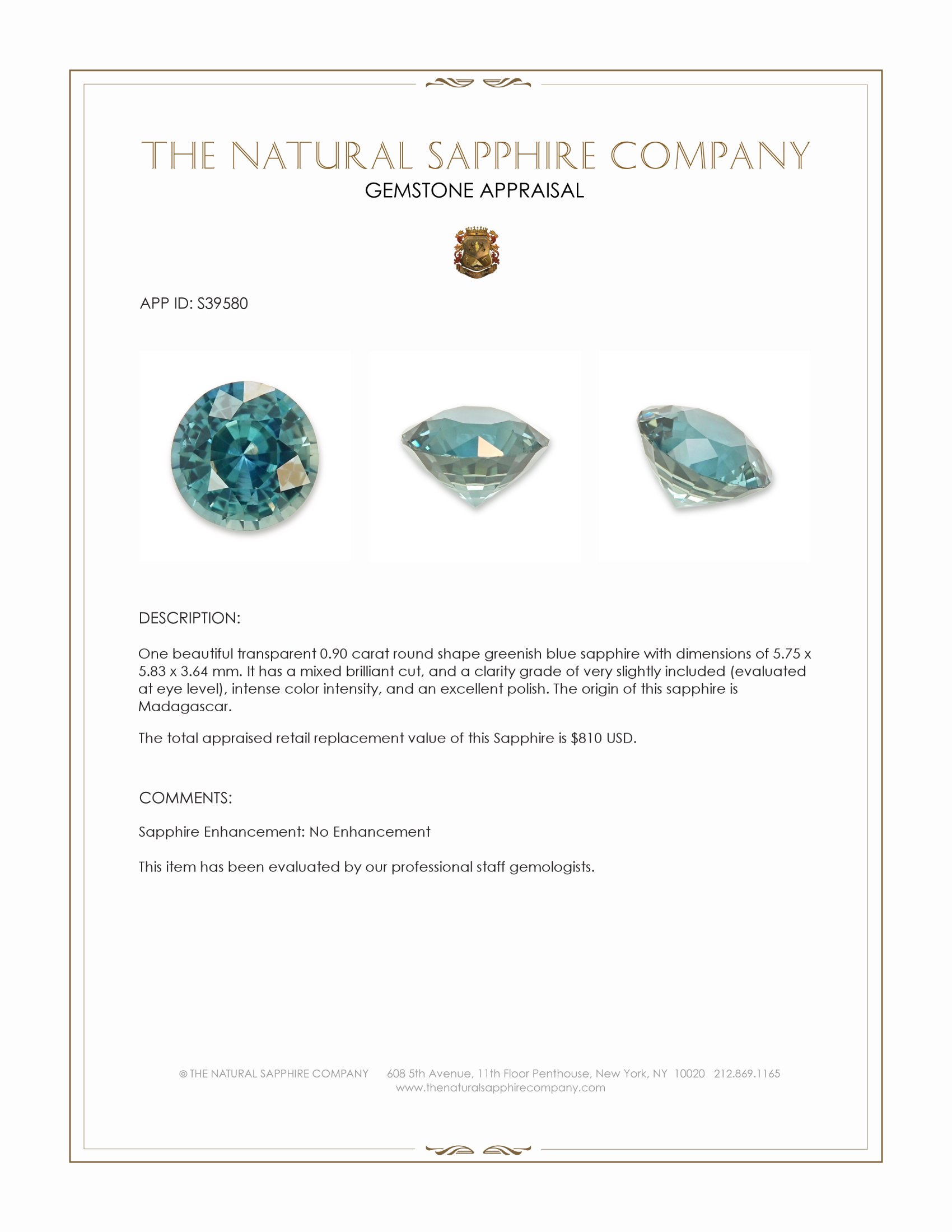 0.90 Ct. Greenish Blue Sapphire from Madagascar